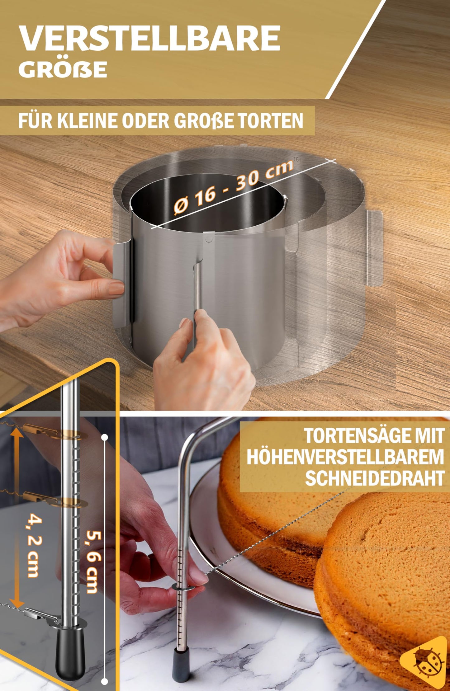 Menz Set cake slicer adjustable + cake ring adjustable height 15 cm - 2-piece stainless steel cake accessory set, baking set, baking accessories for cake preparation