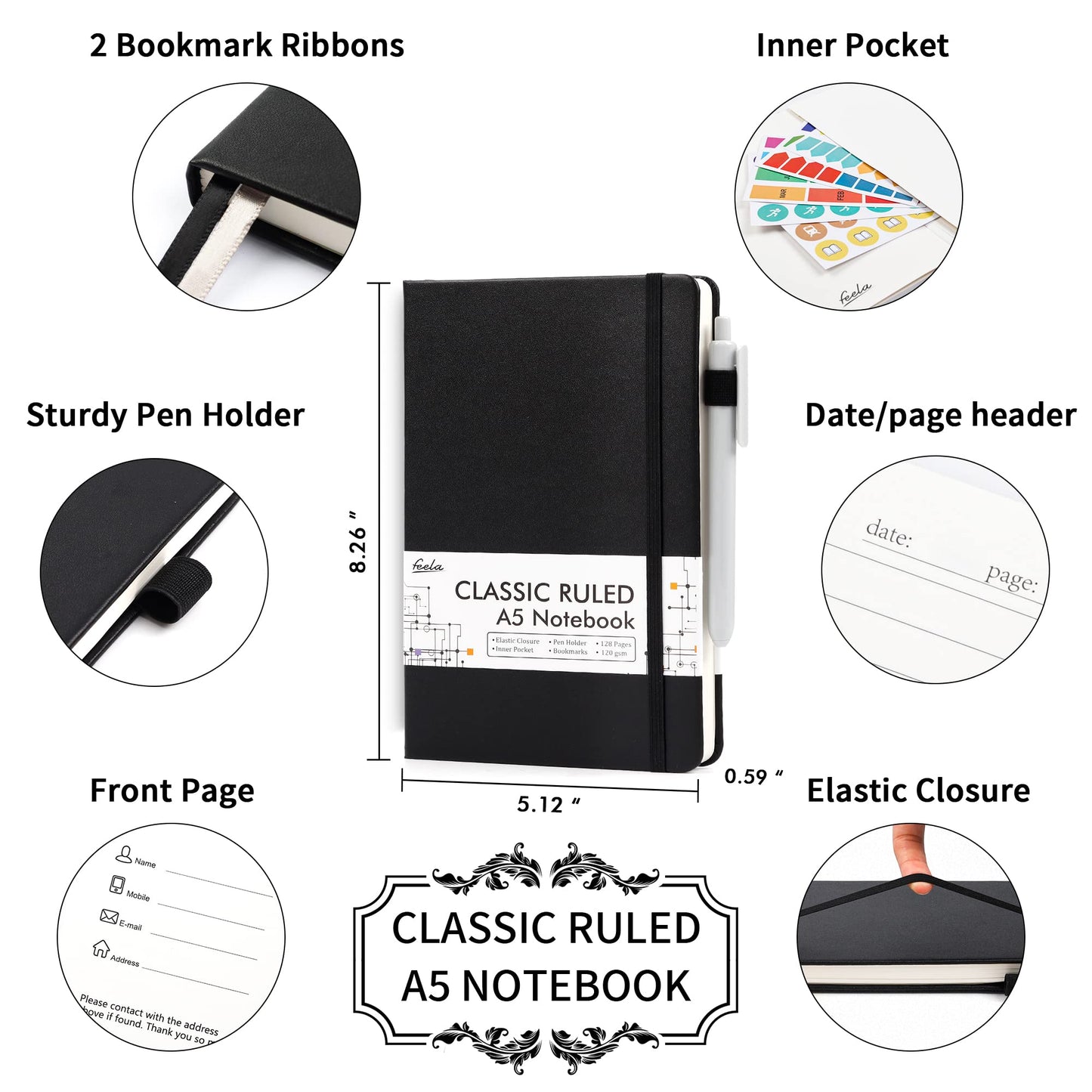 feela Notebook A5 lined, 3 black notebooks with 3 pens, DIN A5 Hardcover Notebooks, 120 g / m², 128 pages each, 64 sheets, diary, business notebook, notebook for men, women