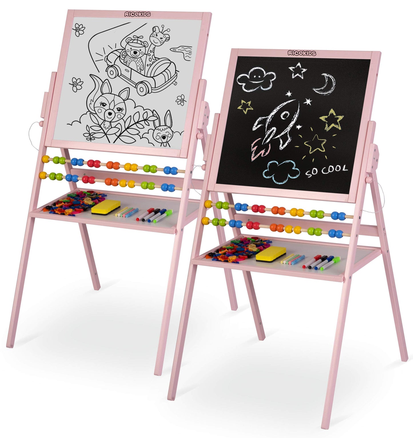 Children's magnetic whiteboard and chalkboard with wooden easel, Ricokids (pink)