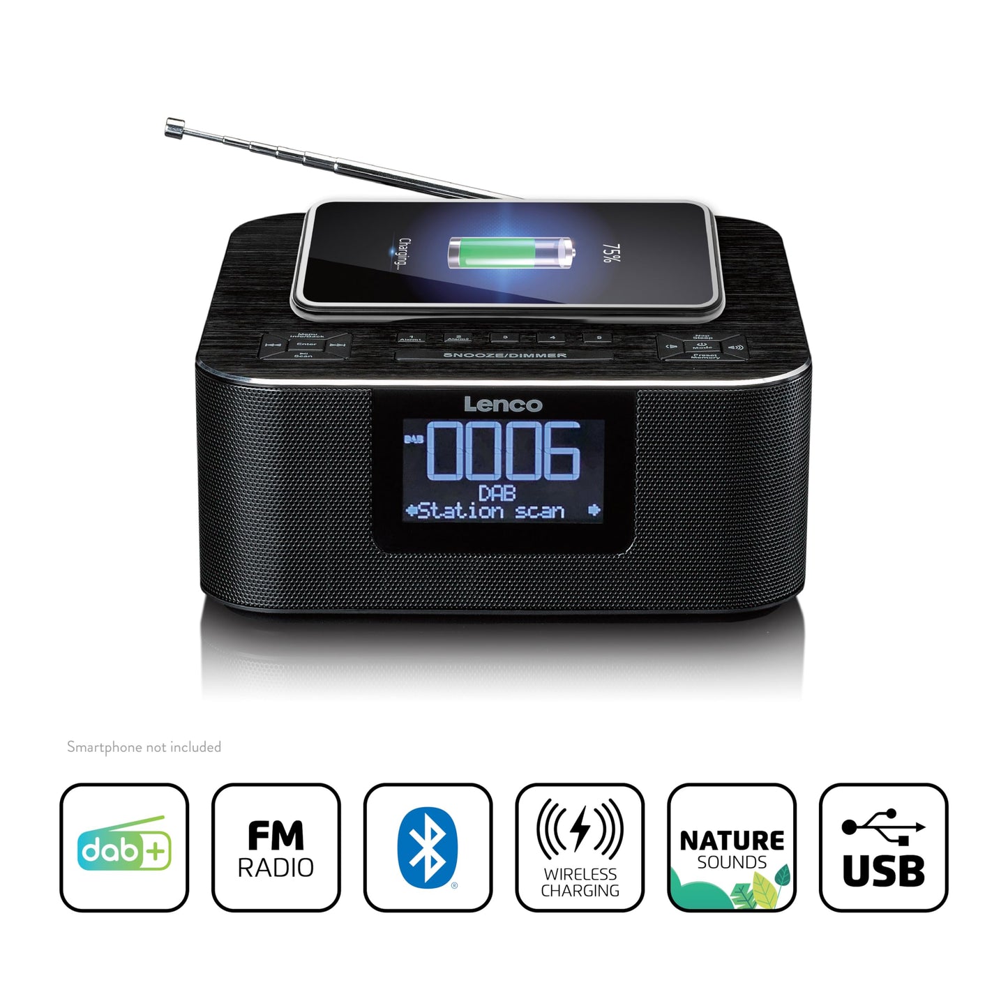 Lenco CR-650 DAB+ clock radio - alarm clock with DAB+ and FM - 20 station presets - snooze function - 2 x 2 watts RMS - LCD display - USB and QI charger - black