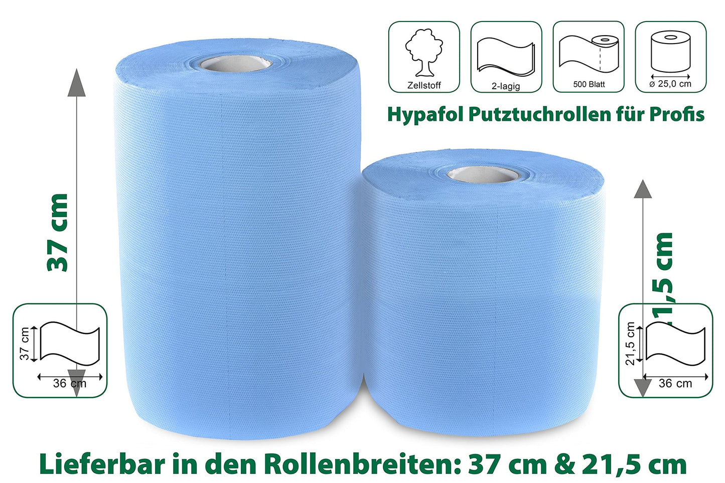 2 x blue absorbent paper roll with floor stand dispenser, 1000 sheets, 37x36 cm | 2-ply perforated paper towels | for industrial, workshop, and restaurant use | Diameter 25 cm