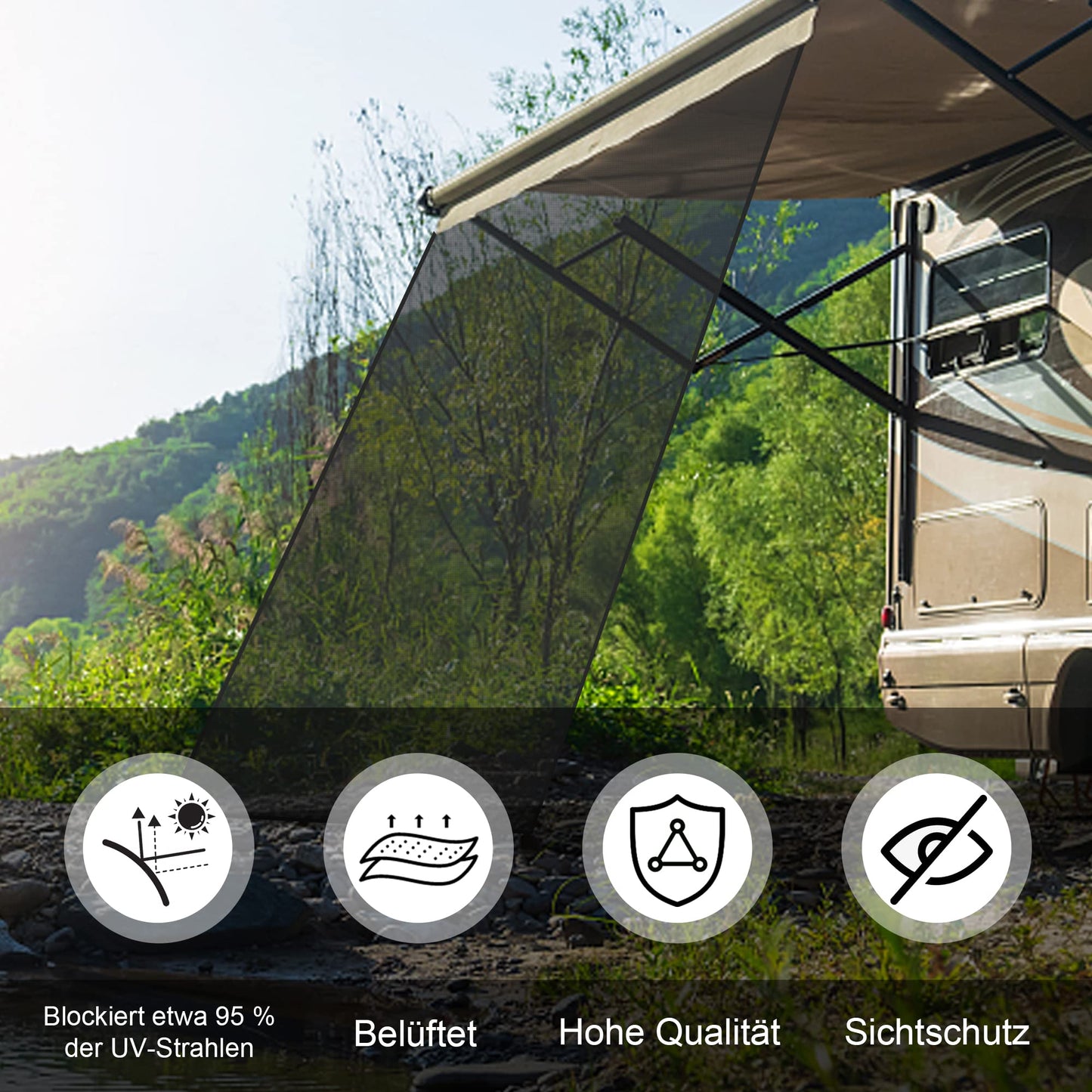 PHATRIP RV Awning View Blocker Sunshade Front Wall for Awning Universal Camping RV Awning Privacy Front Wall Screen from Sun, Wind and Rain 2.45mx2.40m