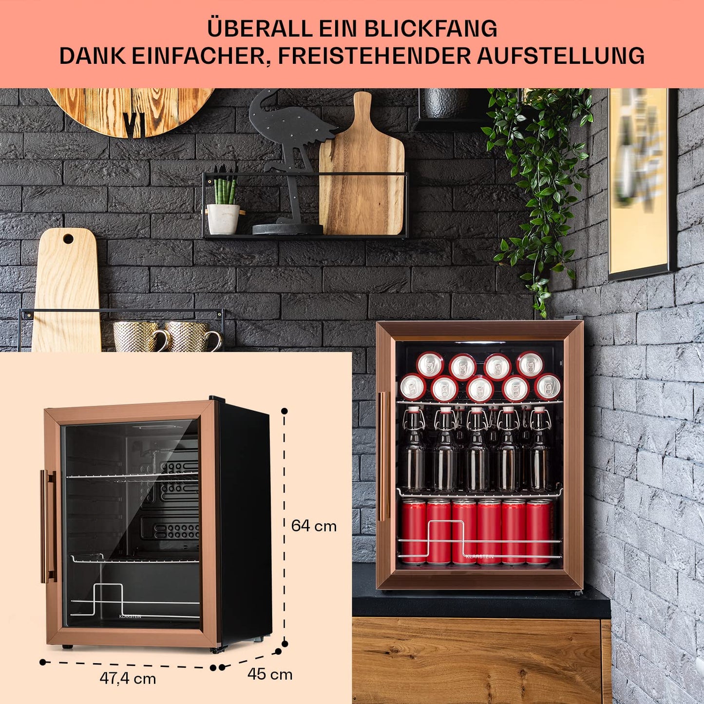 Klarstein Mini Fridge with Glass Door & LED, for Rooms, Beverage Cooler with 2 Shelves, Small, 60L, Indoor/Outdoor, Quiet & Weatherproof, 3-10°C.