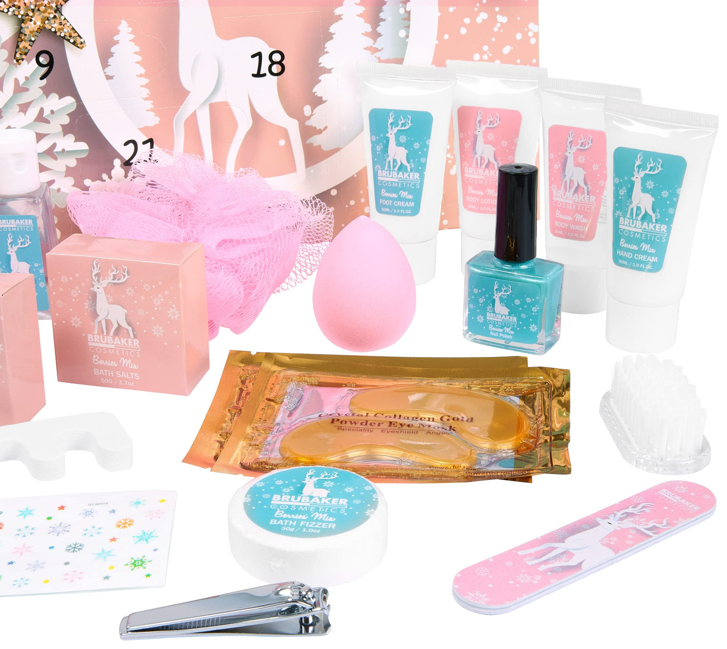 BRUBAKER Cosmetics Beauty Advent Calendar 2025 - the XXL wellness Christmas calendar for women and girls - 24 x body care products & spa accessories - stars and snowflakes in pink.