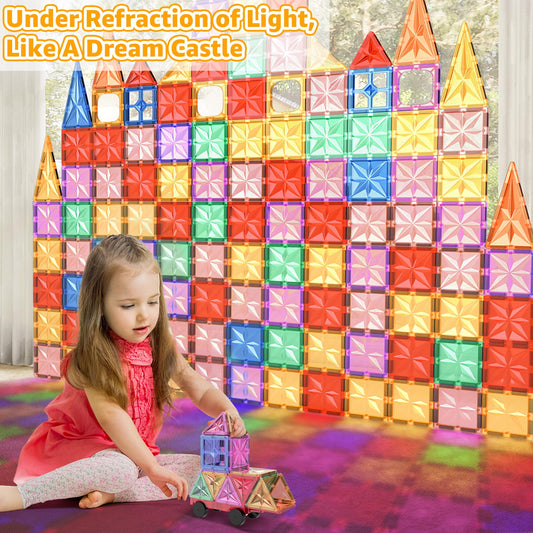 Perbabe Magnetic Building Blocks, 61 pieces magnetic blocks for kids with strong magnets. 3D educational STEM Montessori toy with cars. Perfect gift for 3-7 year olds.