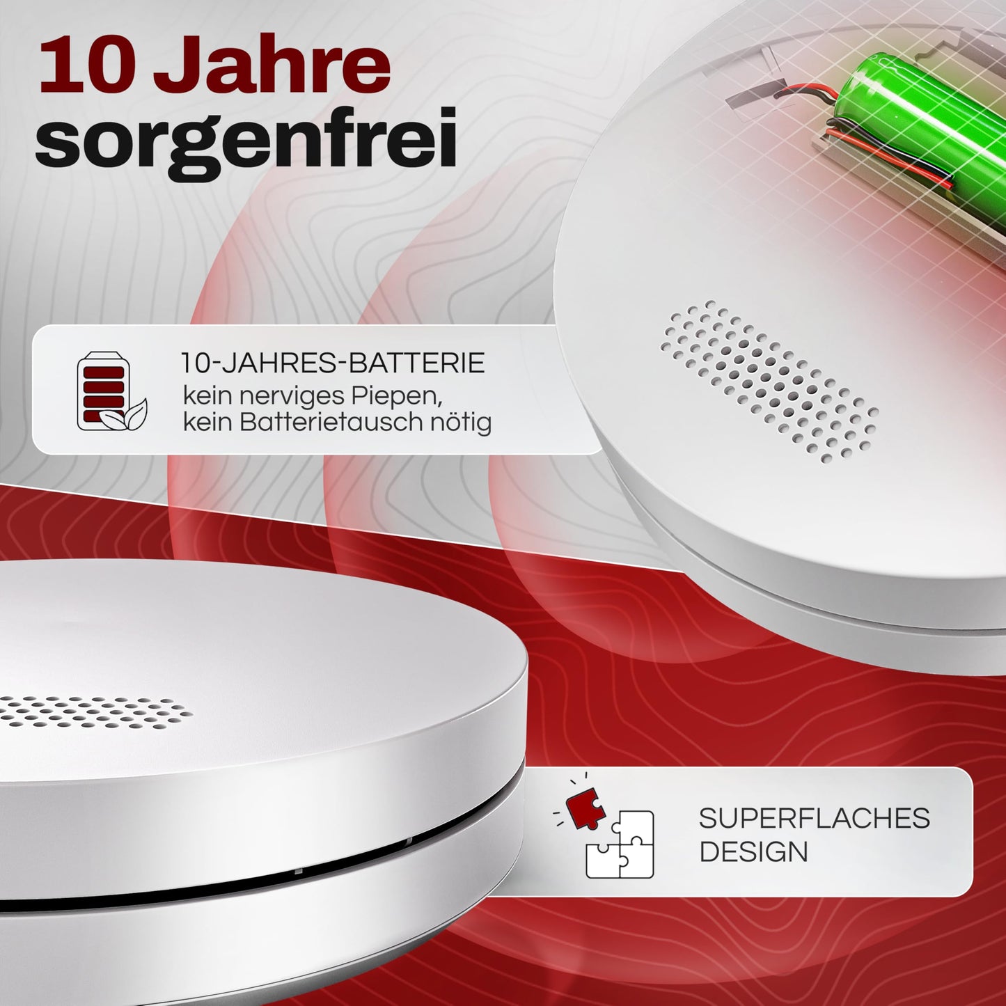 ALPENLUFT Smoke Detector 10 Year Battery, Flat Fire Alarm, Smoke Alarm, Fire Alarm | No Drilling, No LED Blinking - Smoke Fire Safety Fire Alarm 3 Pack