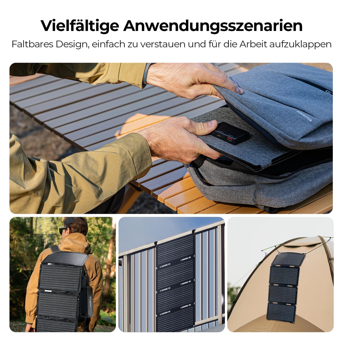 BougeRV 50W ETFE Foldable Solar Panel, Fiberglass 270°, 0.8 kg, Solar Module with DC/USB-C/USB-A outputs, Portable Solar Panel with Carabiner, Compatible with phone, tablet, small power station.