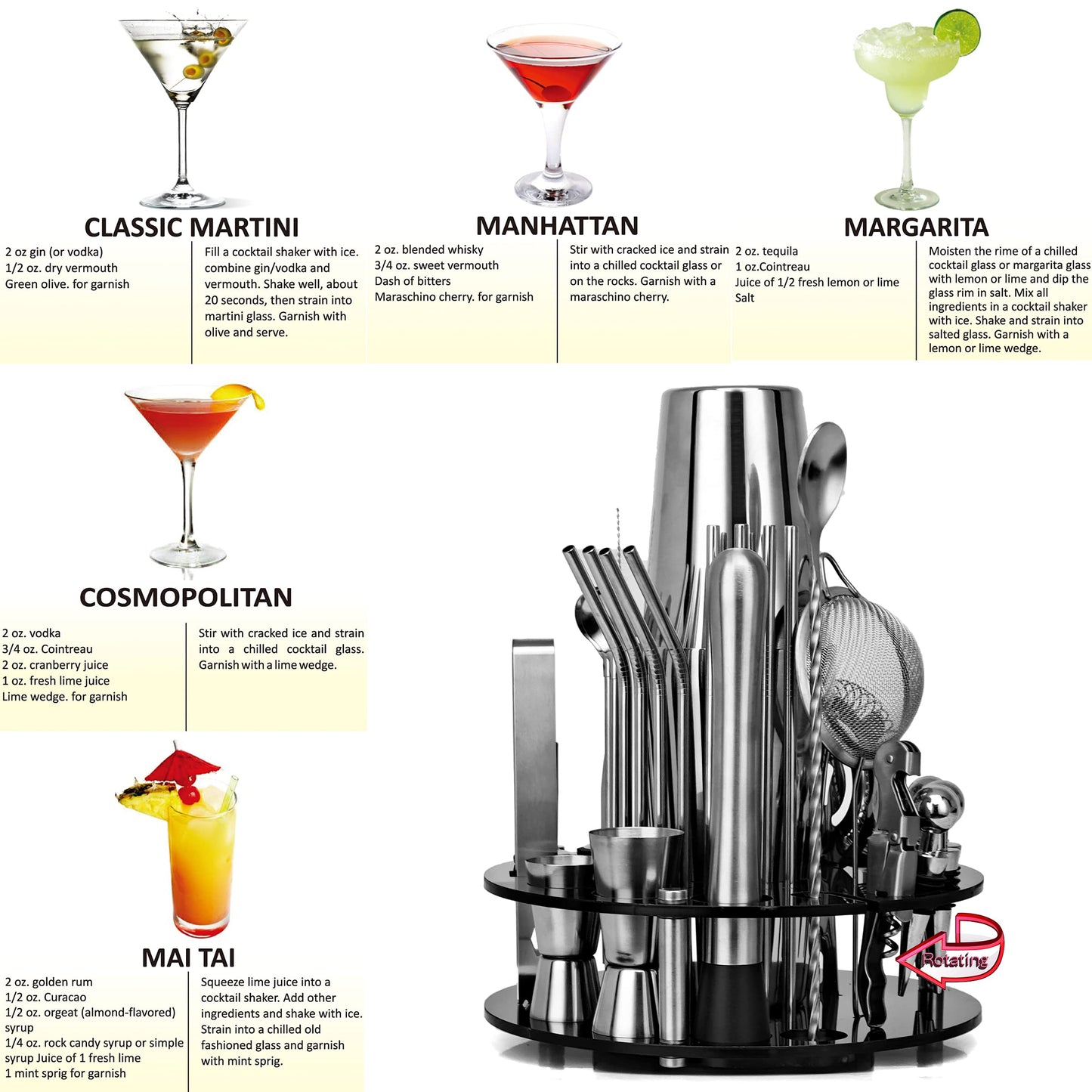 CKductpro Cocktail Set, 41-piece stainless steel Cocktail Shaker Set, 360° rotating acrylic stand, Bartender Set Bar Gift Set (41-Piece)