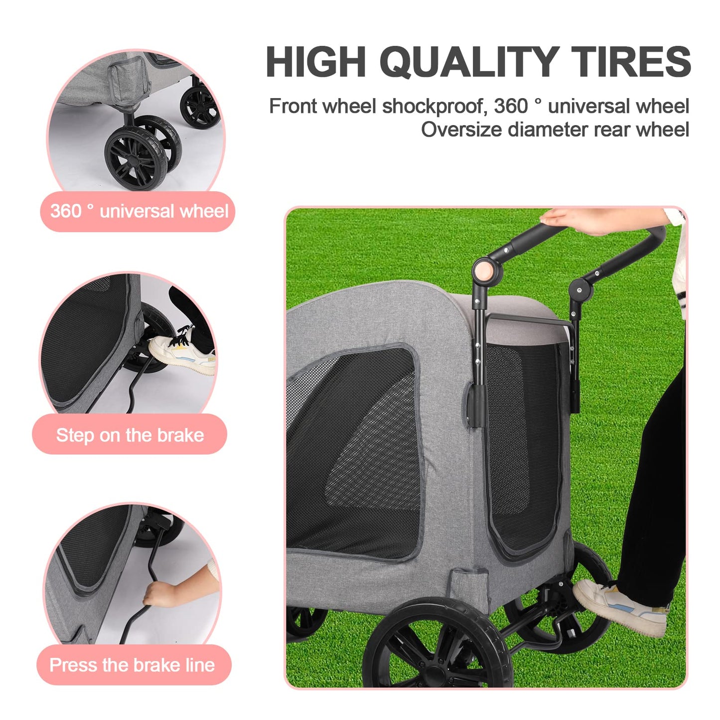 Virzen Pet Stroller 4 Wheels, Foldable Dog Stroller, Dog Buggy Pet Stroller with Mesh Windows, Pets Buggy Capacity up to 54kg for medium and large pets (Grey 2)