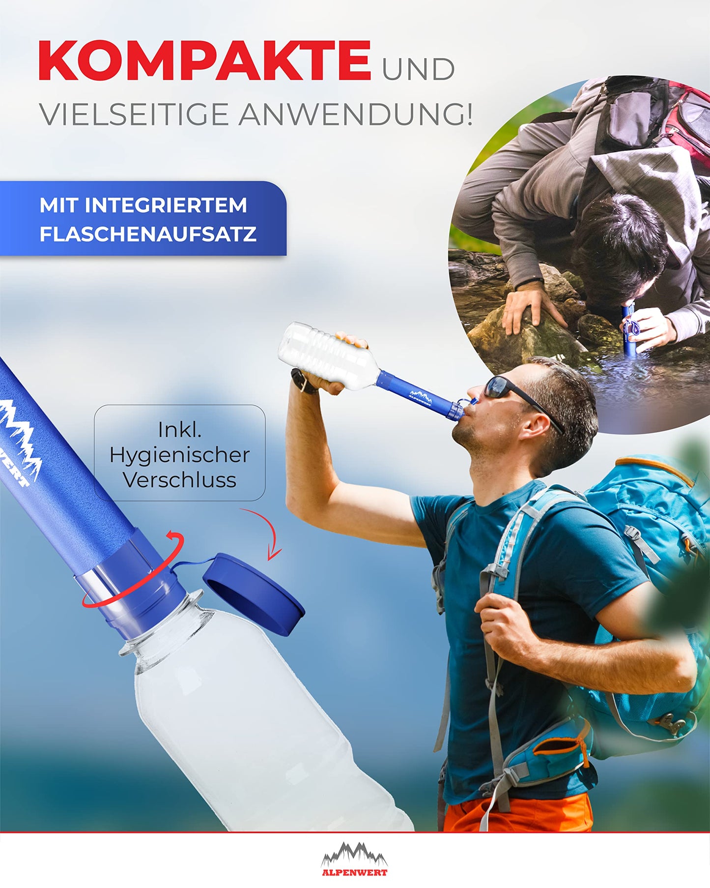 ALPENWERT Water Filter Outdoor - Drinking water filter for 4000 liters of filtered water - Water purification that kills 99.99% of all germs and bacteria.