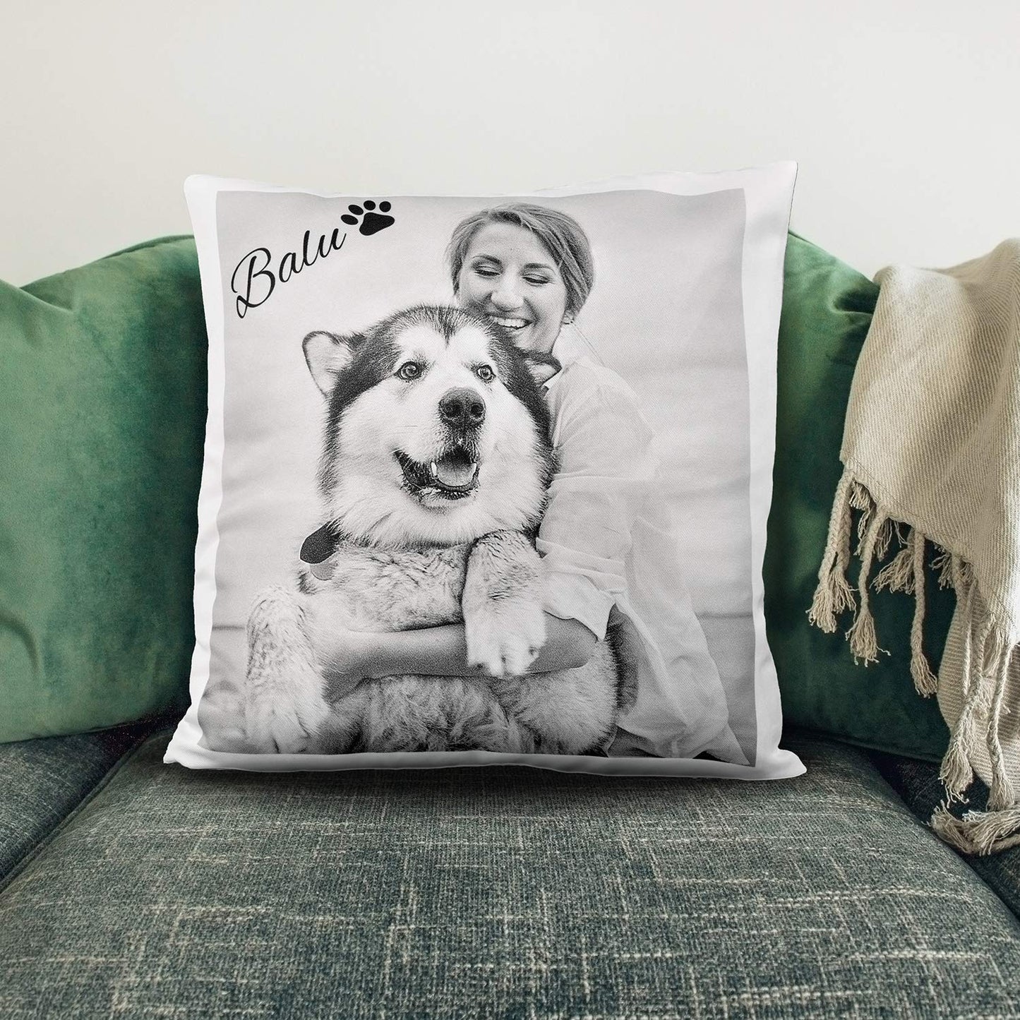 LOOXIS Personalized photo & text printed pillow, customizable – 40x40 cm, colored backside, linen texture – Gift idea for men, women, anniversary, birthday, housewarming – Midnight Blue.