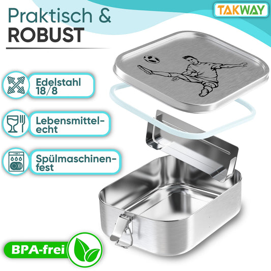 TAKWAY stainless steel lunchbox for kids with compartments 800ml | Leakproof | Bento box with adjustable dividers | Snack box lunchbox for kindergarten school (soccer, divider)