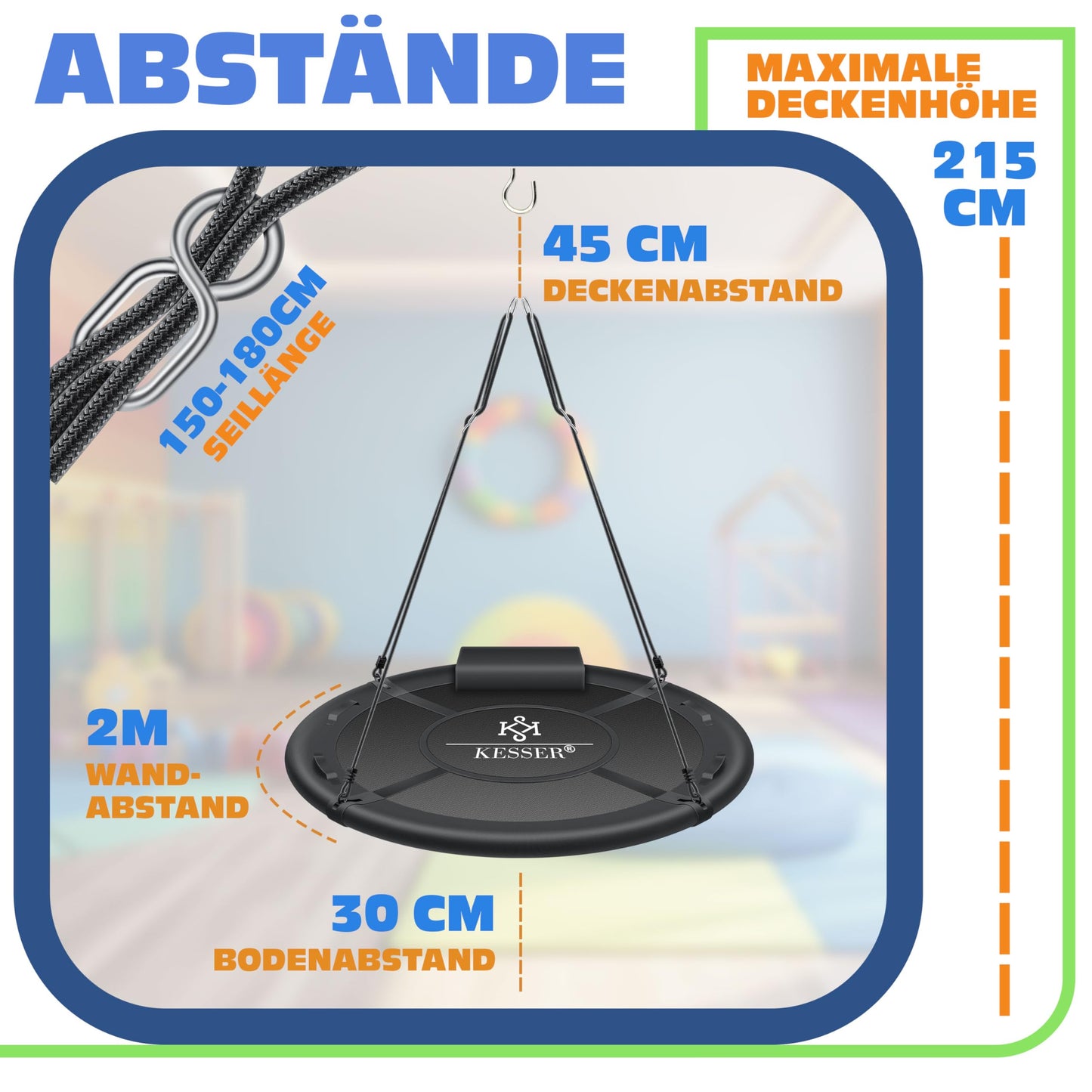 KESSER® Nest Swing Plate Swing Hanging Swing Round Swing Ø 120cm Swing Loadable up to 300kg with Cushion & 4 Handles Adjustable Children's Swing Indoor & Outdoor for Kids & Adults Charcoal Gray