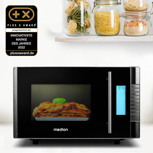 MEDION MD 14482 microwave with grill / 20L capacity / 8 automatic programs / defrost function / 800 watt microwave and 1000 watt grill power / timer / grill rack / silver / black