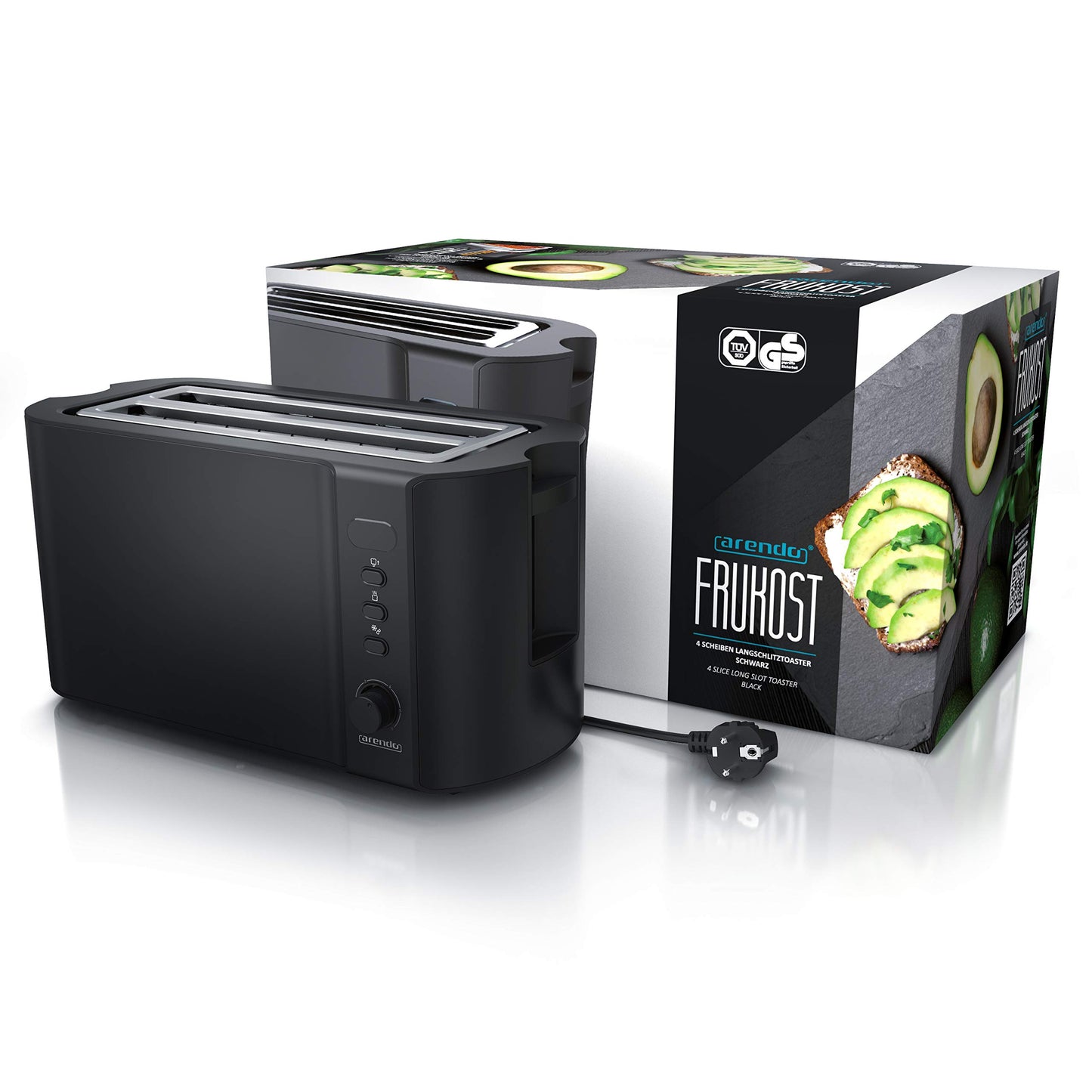 Arendo - Stainless Steel Long Slot 4 Slice Toaster - Defrost Function - heat-insulating housing - with integrated bun rack - crumb tray - display with remaining time indicator - Matt Black