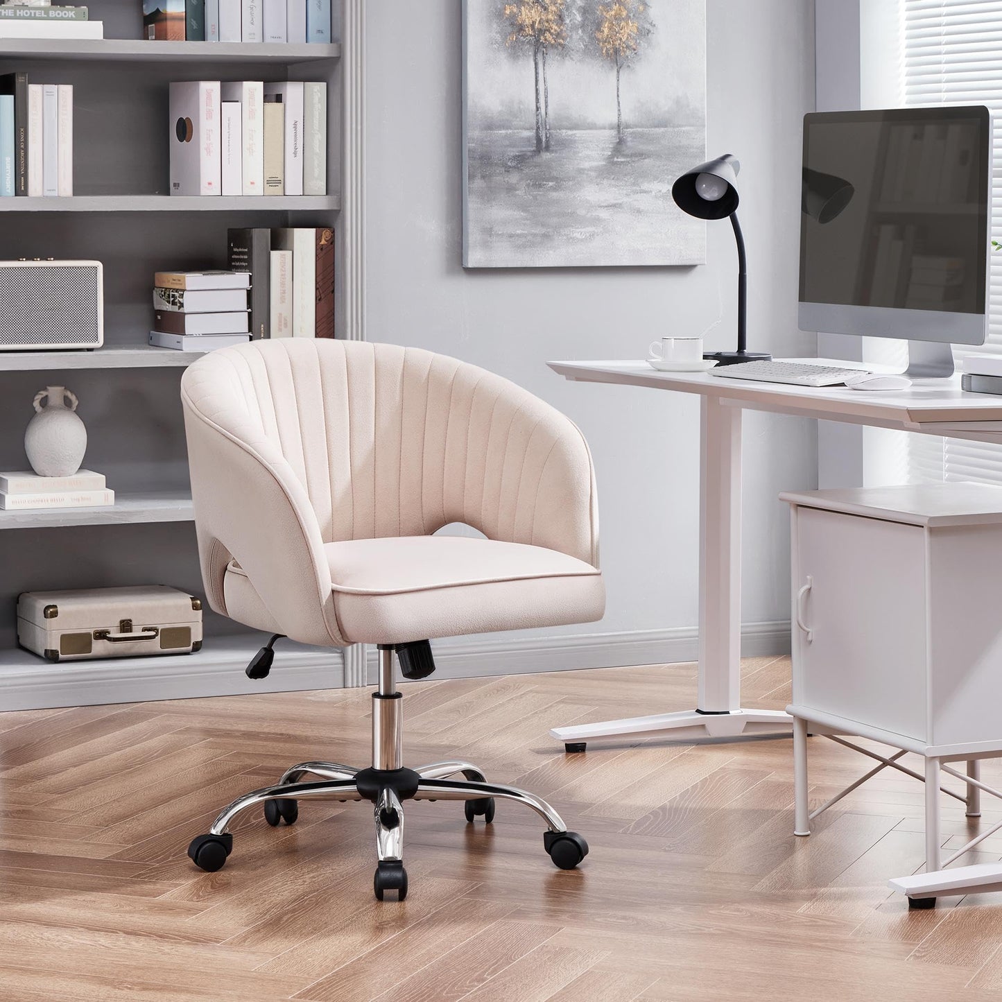 Yaheetech Makeup Chair with Velvet Cover, Office Chair with Armrests, Swivel Chair with Casters, Height Adjustable Home Office Chair, Office Chair with Rocking Function, Rotatable Upholstered Chair Cream White
