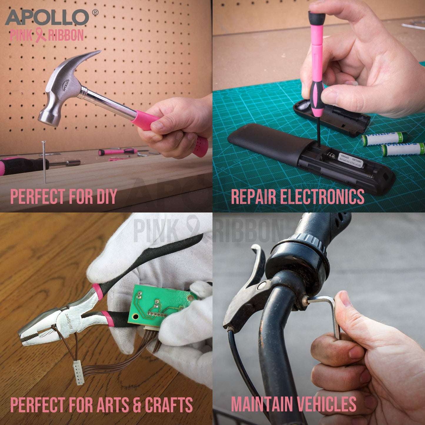 Apollo Pink Women's Tool Kit Small, 39-piece tool set for the household, tool kit set with tools in pink, including hammer and screwdriver set - Ideal gift for women.