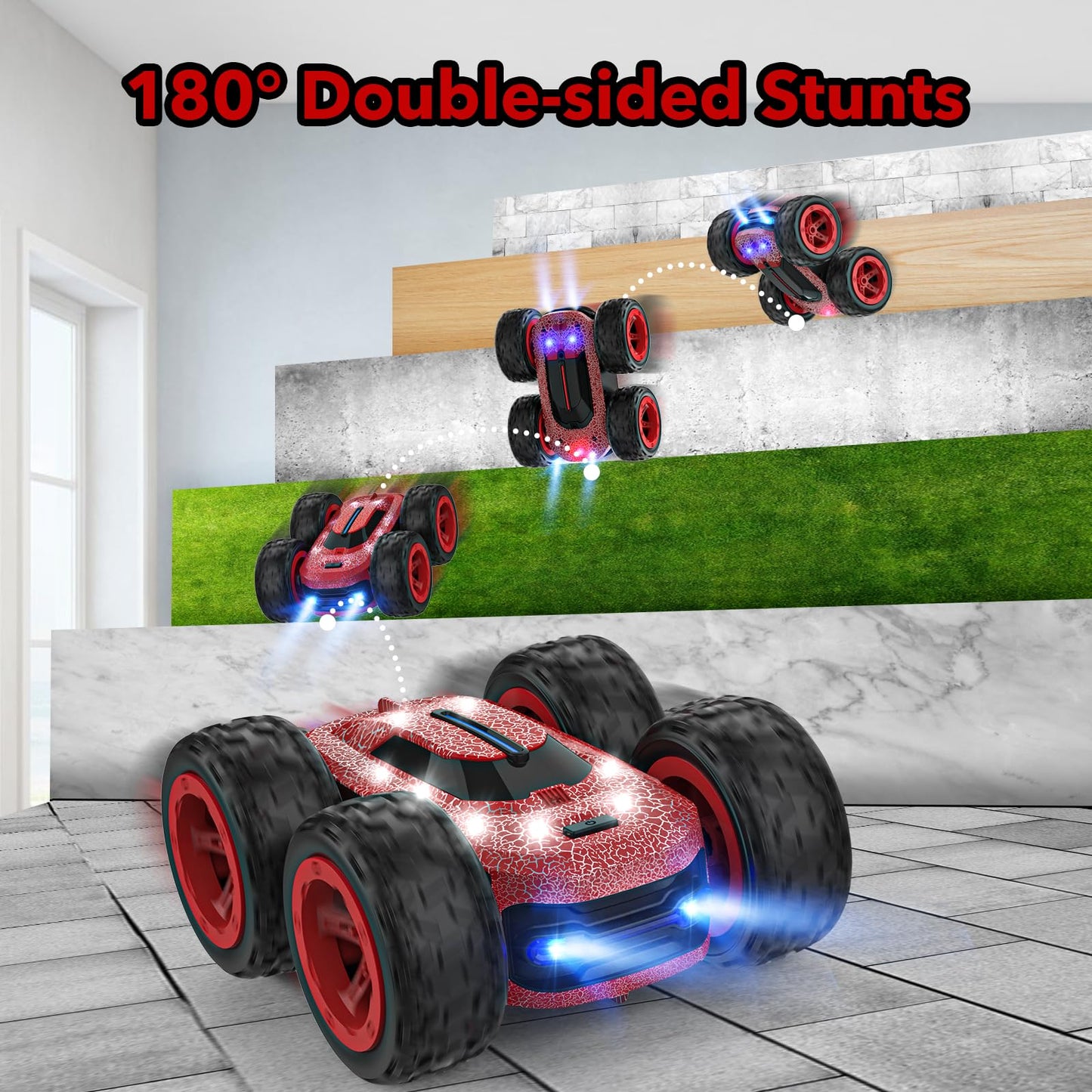 Remote control car for kids aged 3-12 years. 4WD RC car with 2.4Ghz frequency, 360° LED lights, stunt drift capabilities. Perfect toy for indoor/outdoor play, great for Christmas or birthday gifts for boys and girls.