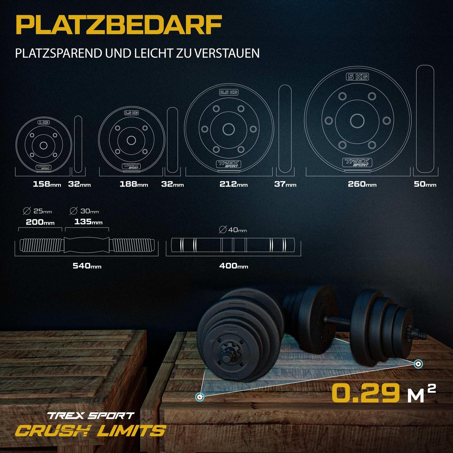 TREX SPORT Dumbbell Set | 2 sets of dumbbells & barbell | 20kg 40kg dumbbell set with connecting tube - 40kg (2x20kg)
