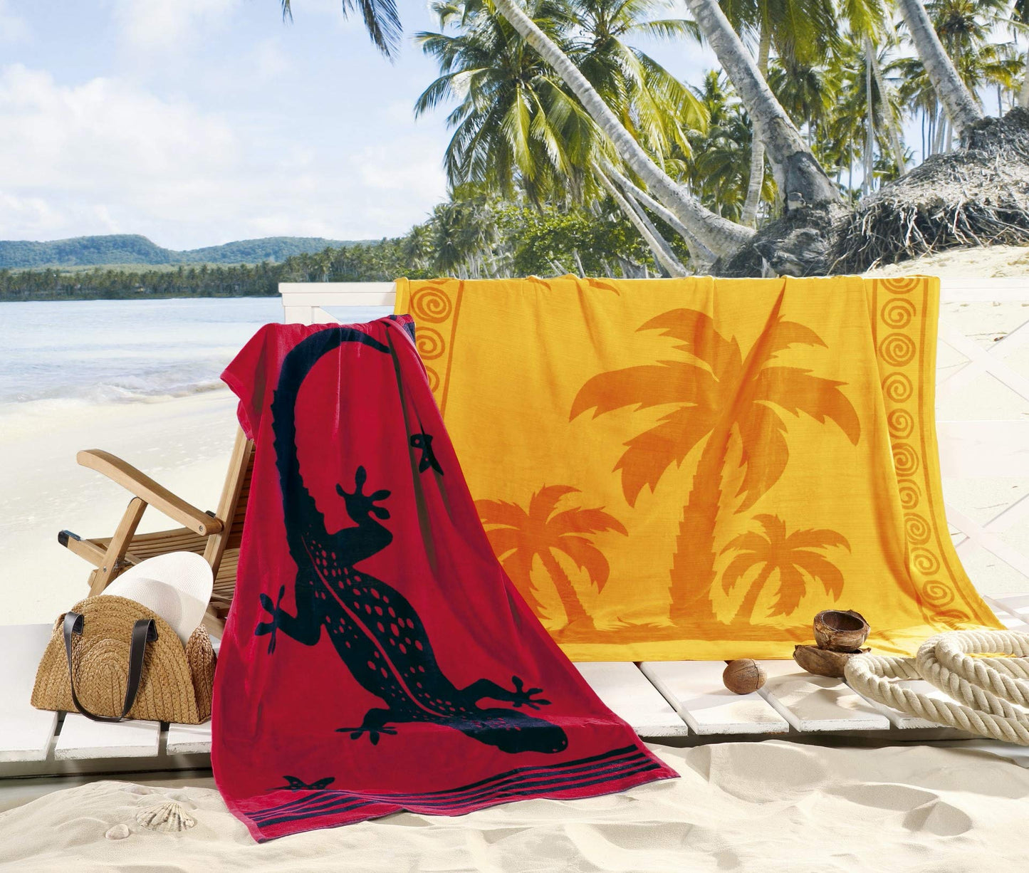 Delindo Lifestyle Terry Beach Towel Tropical Gecko red, 100% cotton, beach towel measures 100x180 cm.