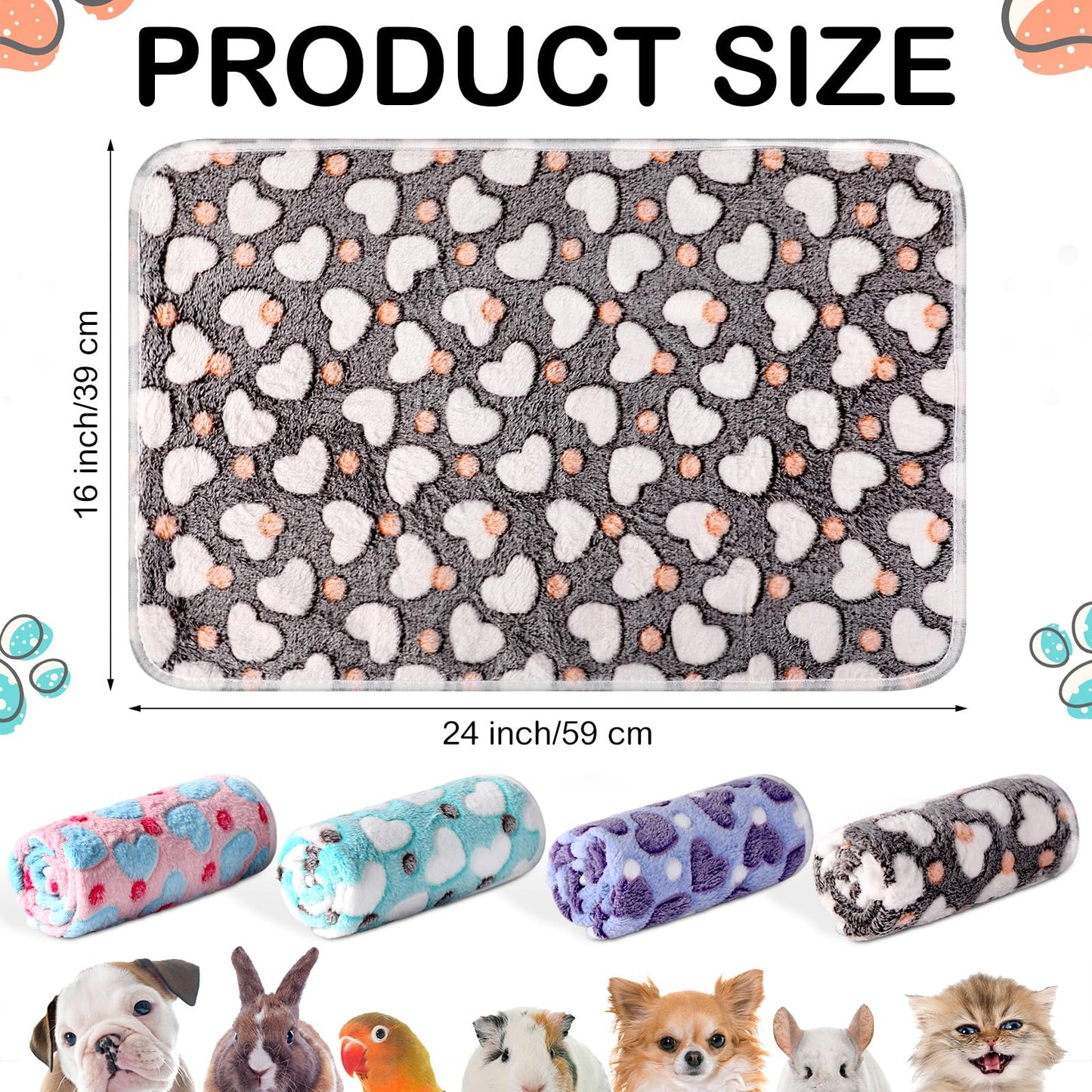 Namalu 4 Waterproof Guinea Pig Fleece Blankets Small Washable Dog Blanket Absorbent Guinea Pig Cage Liners Reusable PIPI Pads Sleep Cuddle Blanket (Heart Pattern, 60 x 40 cm)