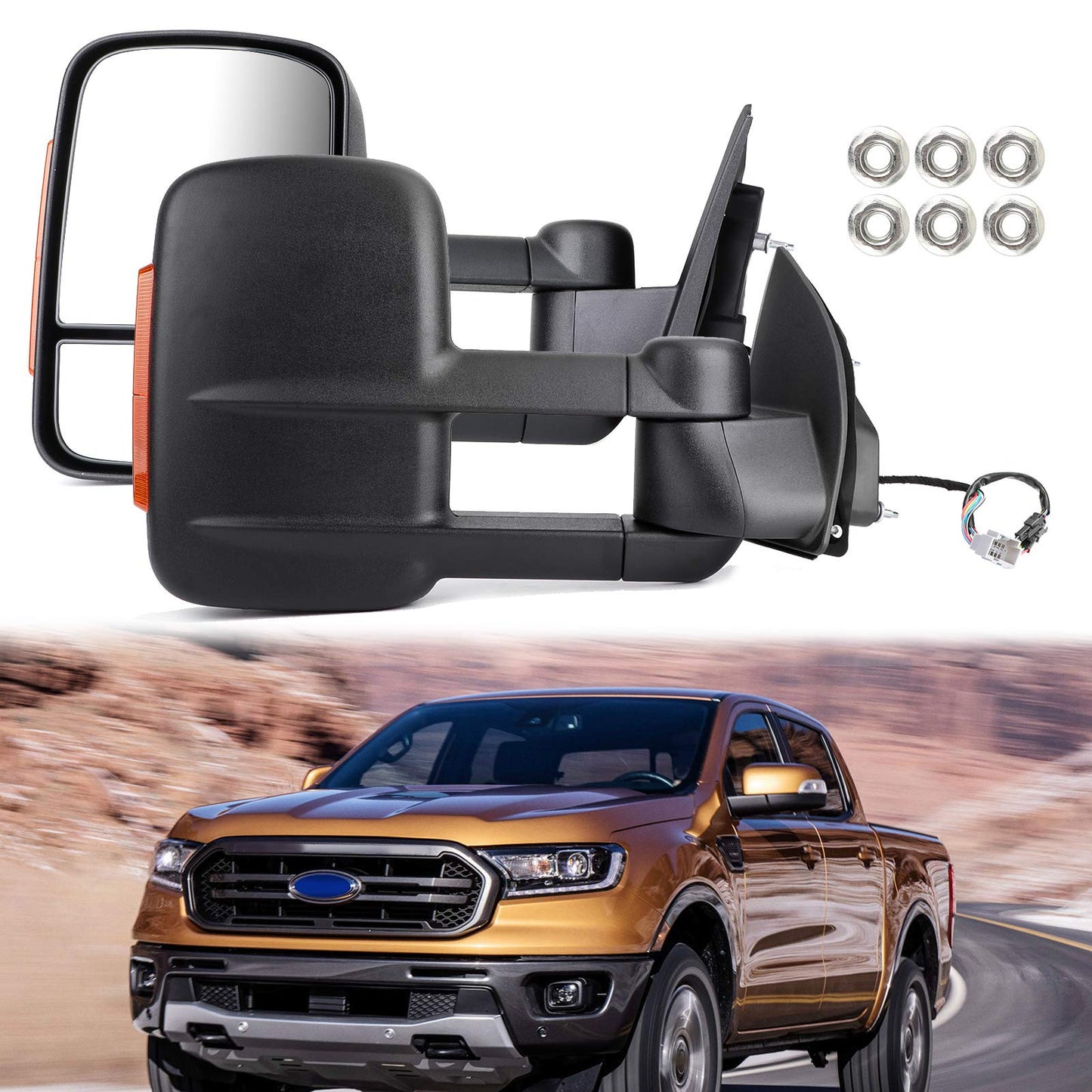 Areyourshop Extendable Towing Mirrors for Ford Ranger MK PX XL XLT XLS Wildtrak 2012-ON - Manual Telescoping, Black ABS, with Smoke Indicators, Left and Right