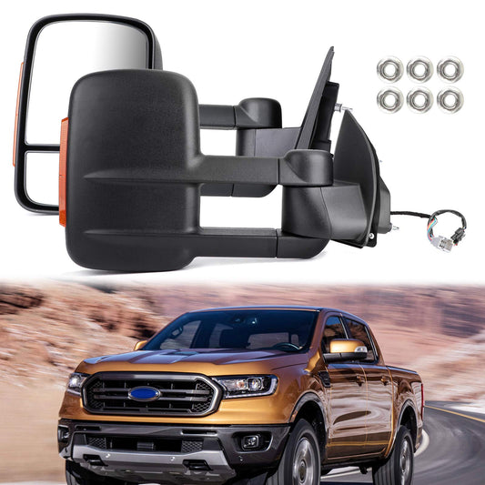 Areyourshop Extendable Towing Mirrors for Ford Ranger MK PX XL XLT XLS Wildtrak 2012-ON - Manual Telescoping, Black ABS, with Smoke Indicators, Left and Right
