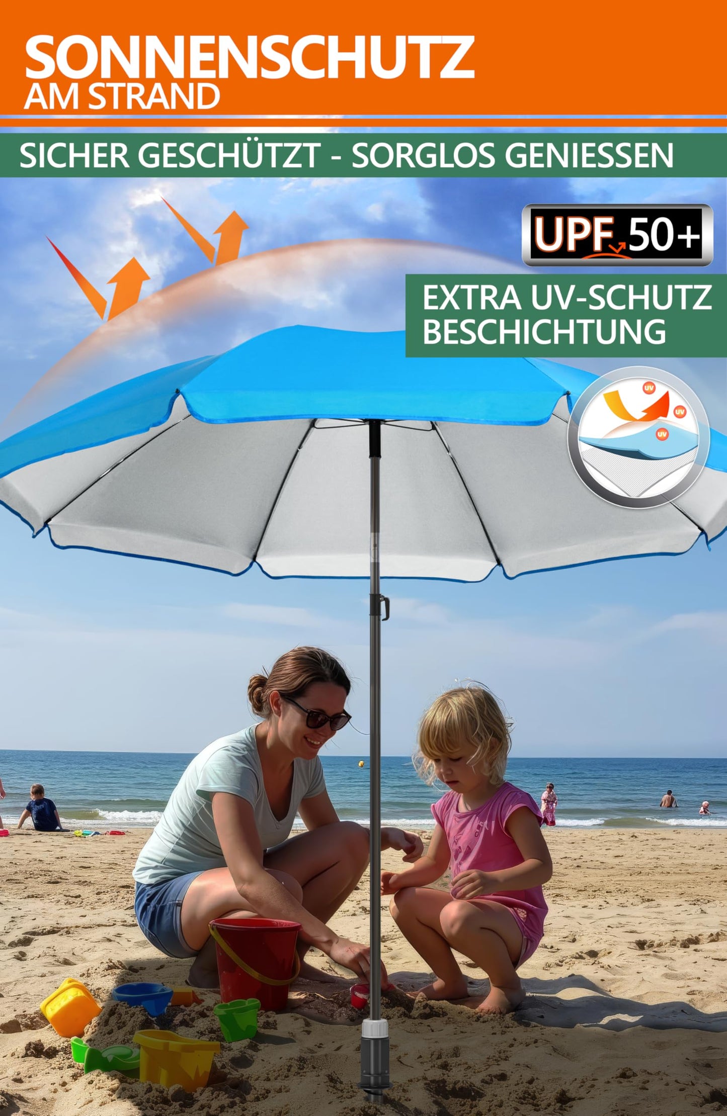 4smile beach umbrella SunnyJoy 3-IN-1-SET, blue - beach umbrella Ø 180 cm + ground sleeve + protective cover - wind-resistant and stable, with UV protection 50+.