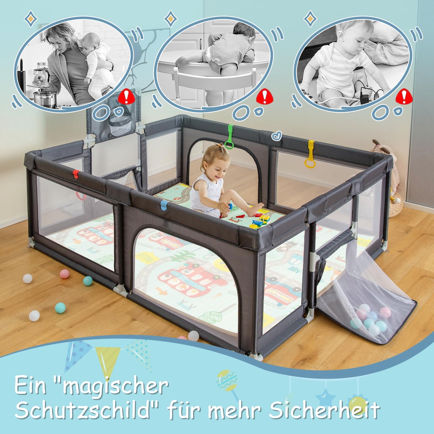 DREAMADE playpen for baby, 188 x 157cm playpen with mattress & basketball hoop & pull ring, safety gate with non-slip base, playpen for kids.
