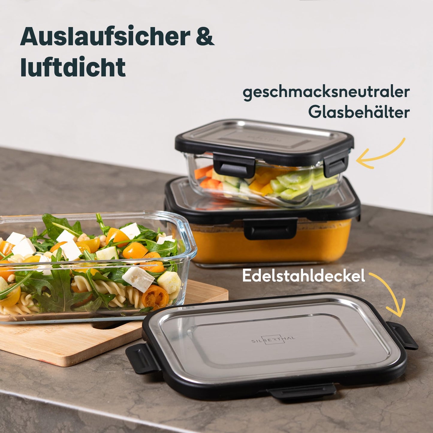 SILBERTHAL glass storage containers with stainless steel lids - airtight - set of 3 - sizes: 1L, 600ml, and 400ml.