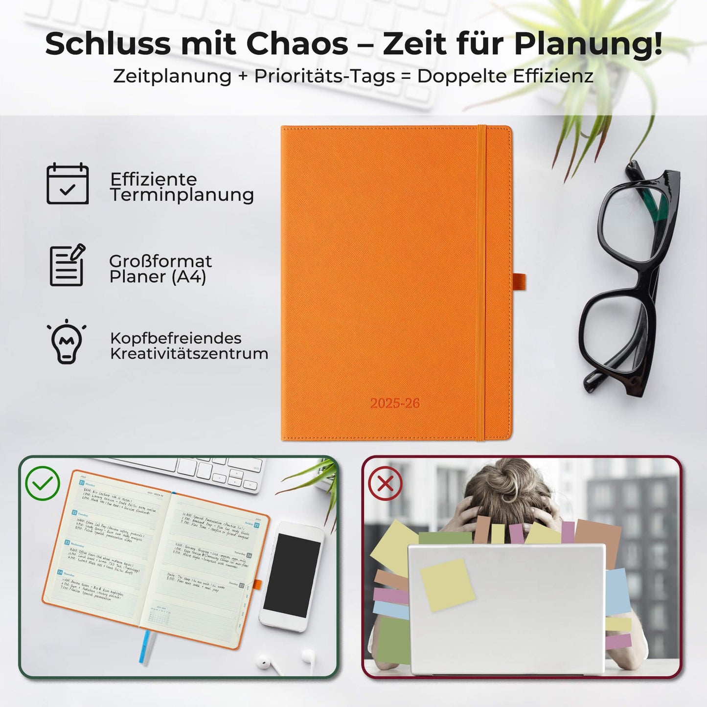 IN-LUXPRO Calendar 2025 2026 Weekly Planner, 18-Month Book Calendar (Jul.2025-Dec.2026) Monthly Calendar with Expense & Note Pages A4 (29 x 21.7 cm), with Vegan Leather & Note Pages, Orange Color.