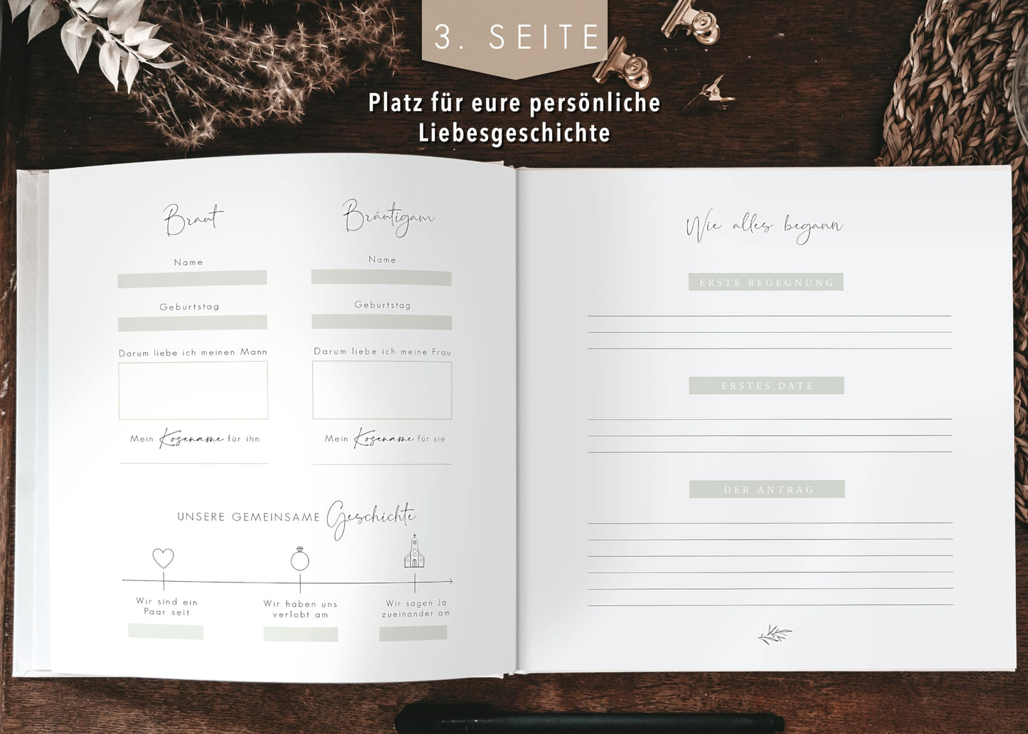 "Love and Air guestbook for wedding with fill-in questions, Vintage, gold foil accents, Hardcover - Eucalyptus"