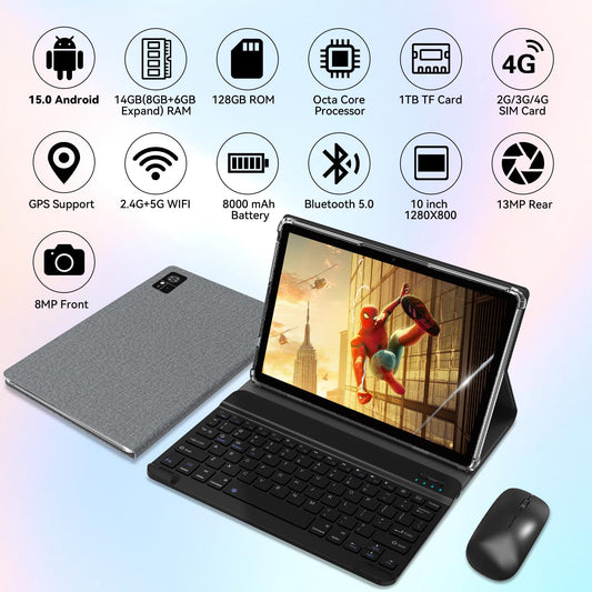 ZONKO 2025 Latest Android 15 Tablet 10 Inch with SIM Slots, 4G LTE Tablets PC 5G WiFi, 14GB RAM+128GB ROM(1TB TF), Octa-Core|8+13 MP|GPS|8000 mAh|Tablet with Keyboard Mouse Stylus, Bluetooth 5.0, GMS (Gray)