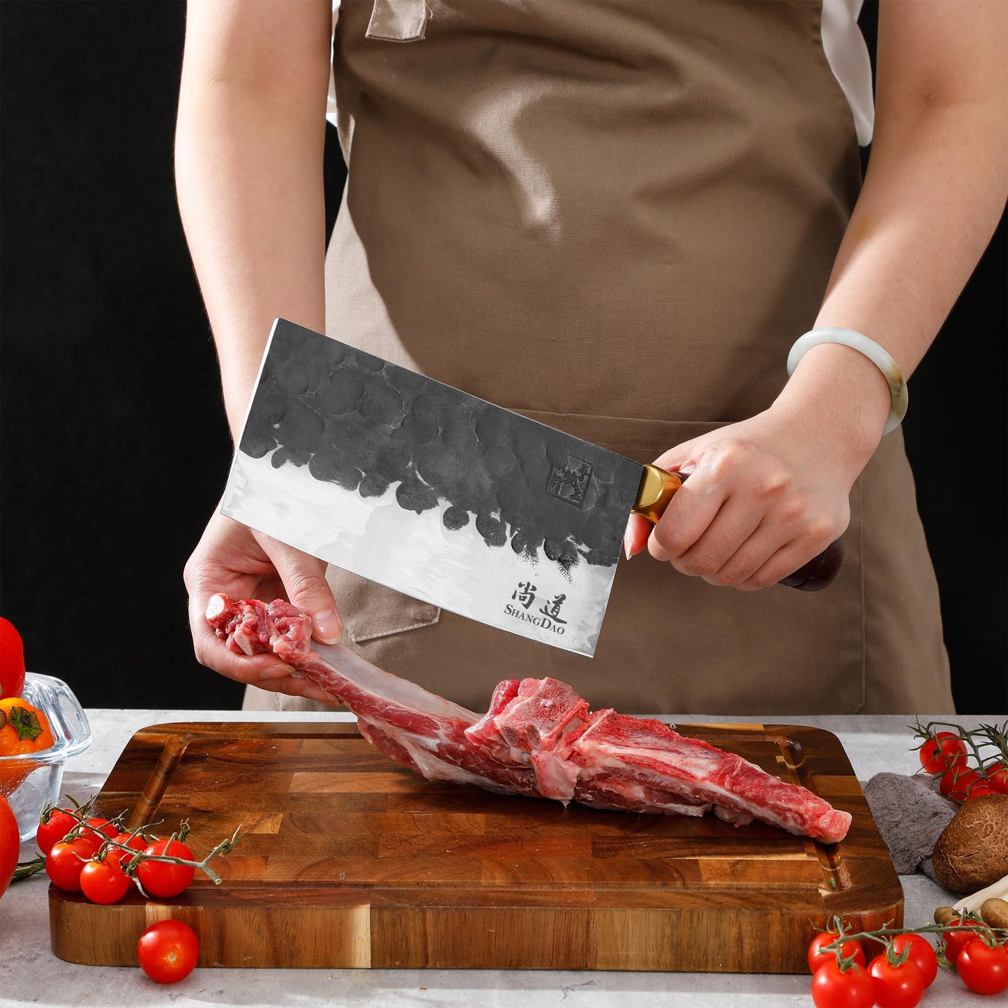 SHANGDAO cleaver, 19 cm high-performance razor-sharp butcher cleaver kitchen knife, cleaver made of carbon steel, forged blade and wooden handle