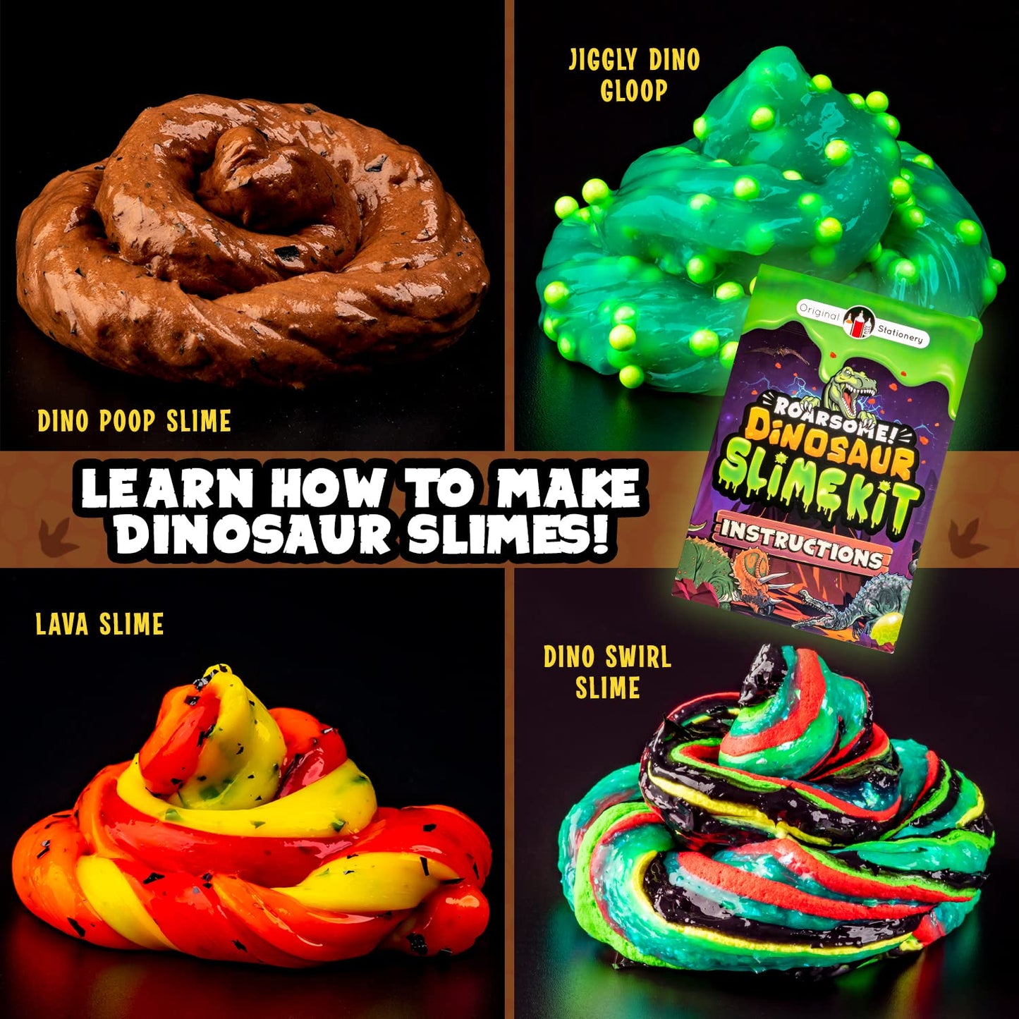 Original Stationery Dinosaur Slime Kit, slime lab set for boys to create glow in the dark slime, butter slime, and dino poop slime, great gifts for kids.