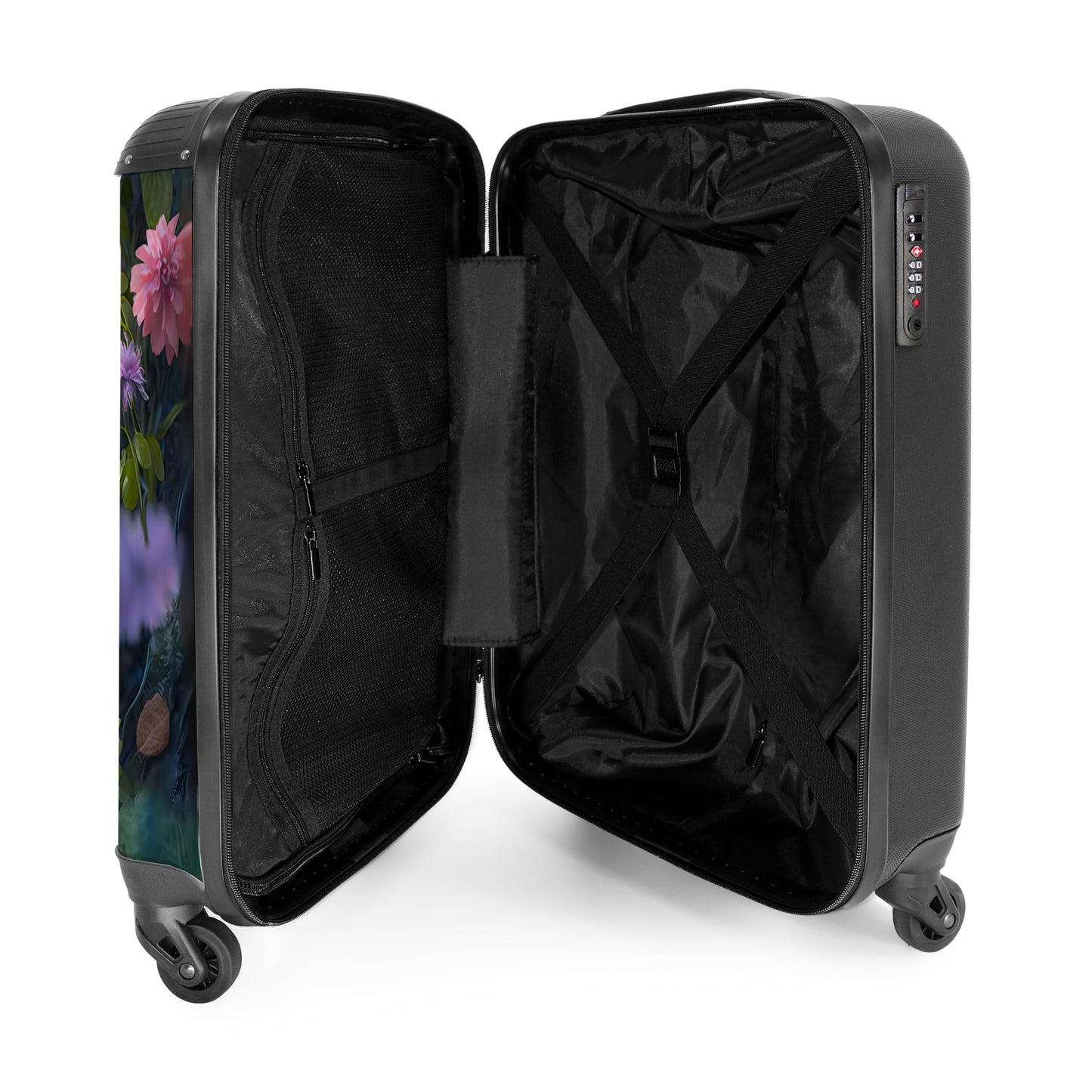 NoBoringSuitcases.com® Kids' suitcase for girls with cute illustrations of kittens, flowers, and forest. Compact hand luggage trolley measuring 55x40x20 cm.