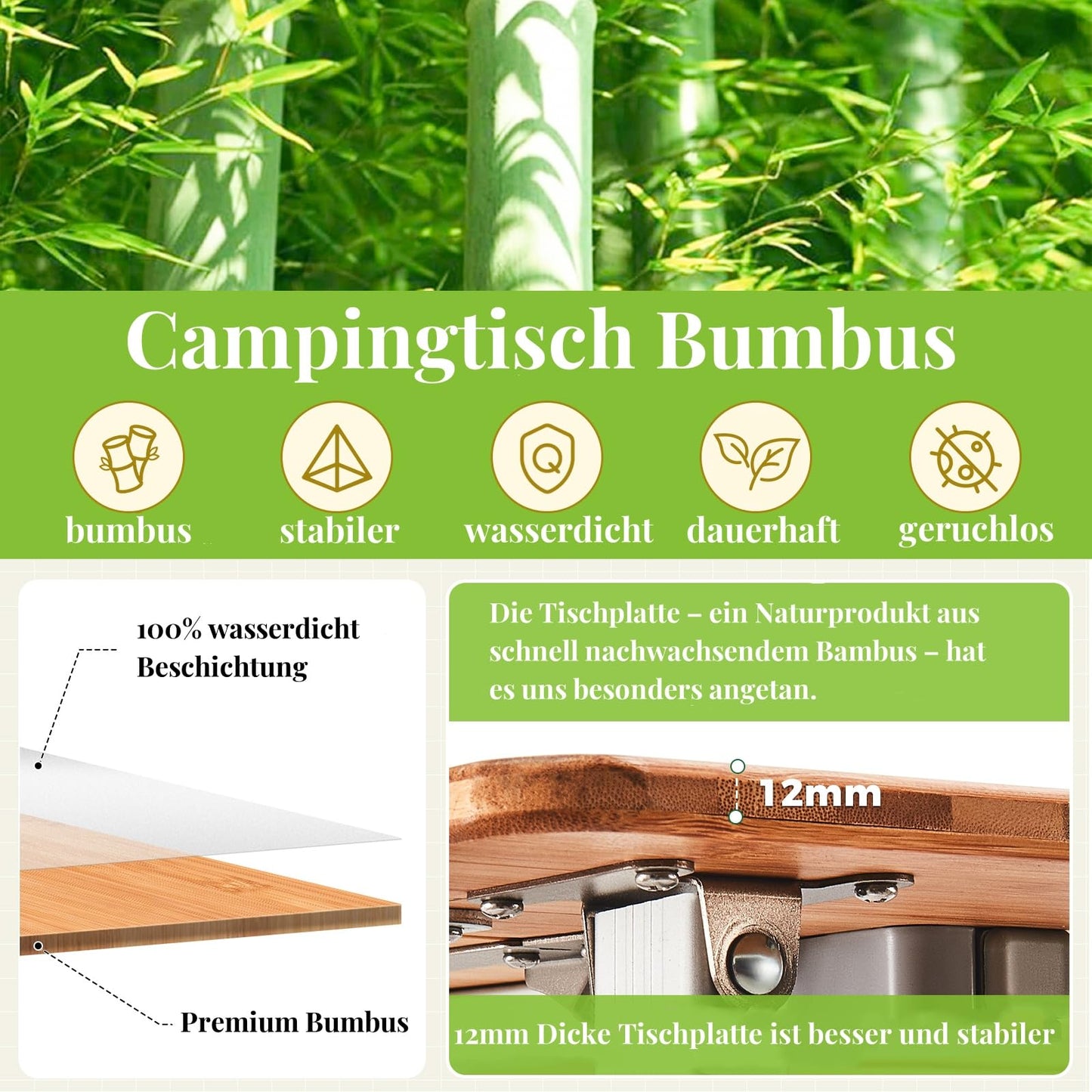 KingCamp camping table bamboo folding table adjustable height for 4-6 people foldable camping table, 4 folds with carrying bag, supports up to 80 kg, 100 x 65 cm, L