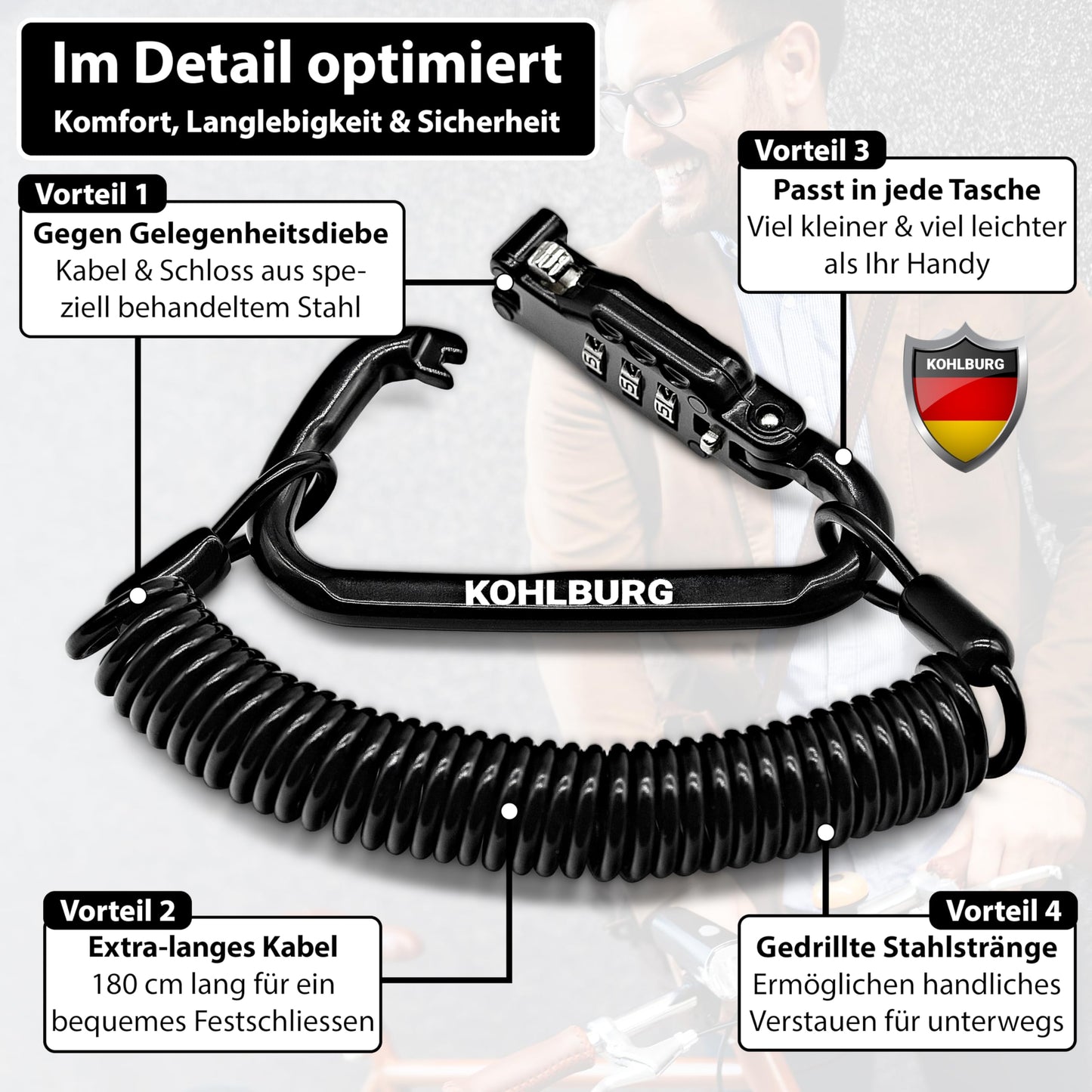 KOHLBURG 180cm extra-long combination lock for the bag - 3mm thick cable lock for use as stroller lock, helmet lock, snowboard lock & ski lock - mini road bike & bicycle lock with combination code