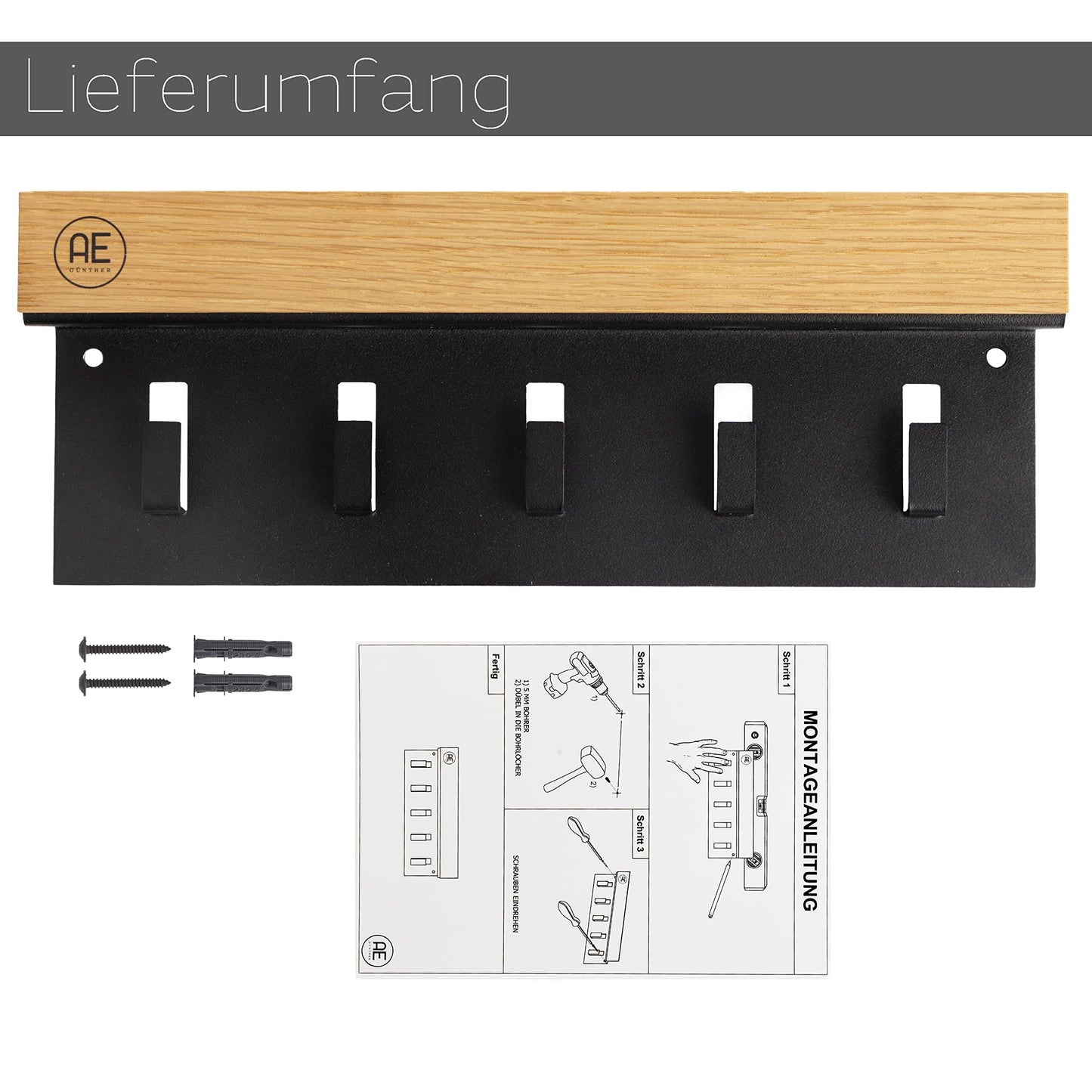 AE GÜNTHER® Key Board Wood - Key Holder Black Steel - Oak Key Board - Key Organizer with Storage - Keychain - Key Box - Wall Organizer - Key Rack