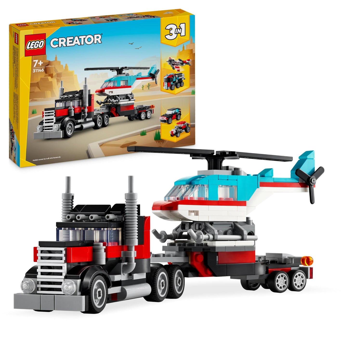 LEGO Technic NEOM McLaren Extreme E Race Car Set, car toy with pull-back motor & Creator 3in1 Low Loader with Helicopter, vehicle set with helicopter and truck toys.