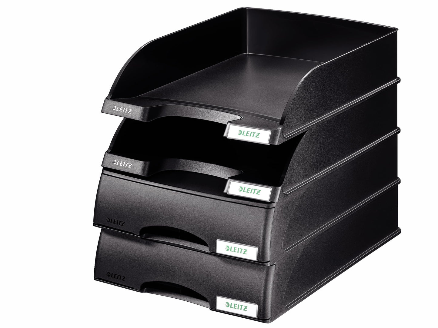 Leitz Set 2x Standard A4 Letter Tray + Letter Tray Drawer, Premium Quality Letter Tray, Stackable Desk Organizer, Compatible with Plus Series, Black, 52270095 + 52100095