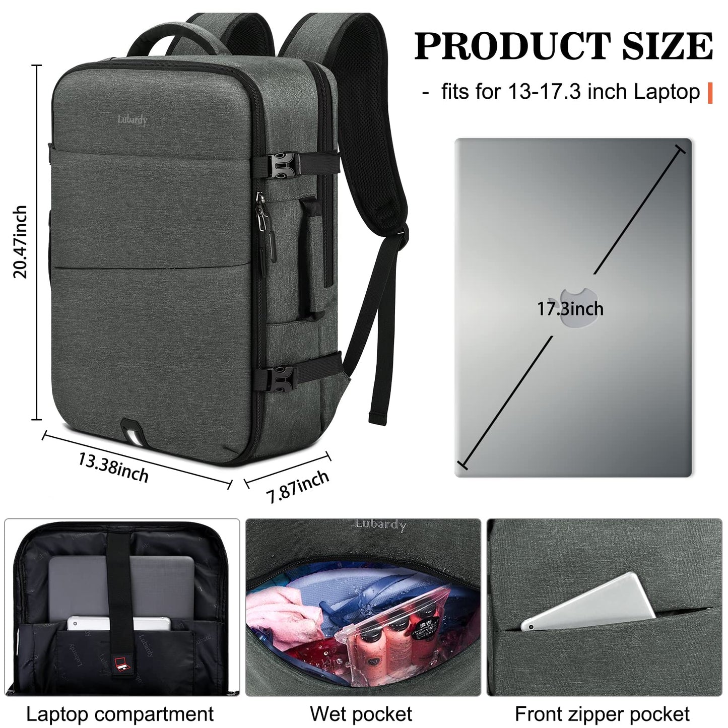 Lubardy 40L Laptop Backpack for Men Waterproof 17.3 Inch with 3 Storage Pockets Travel Backpack for Work School Weekend Trip Grey