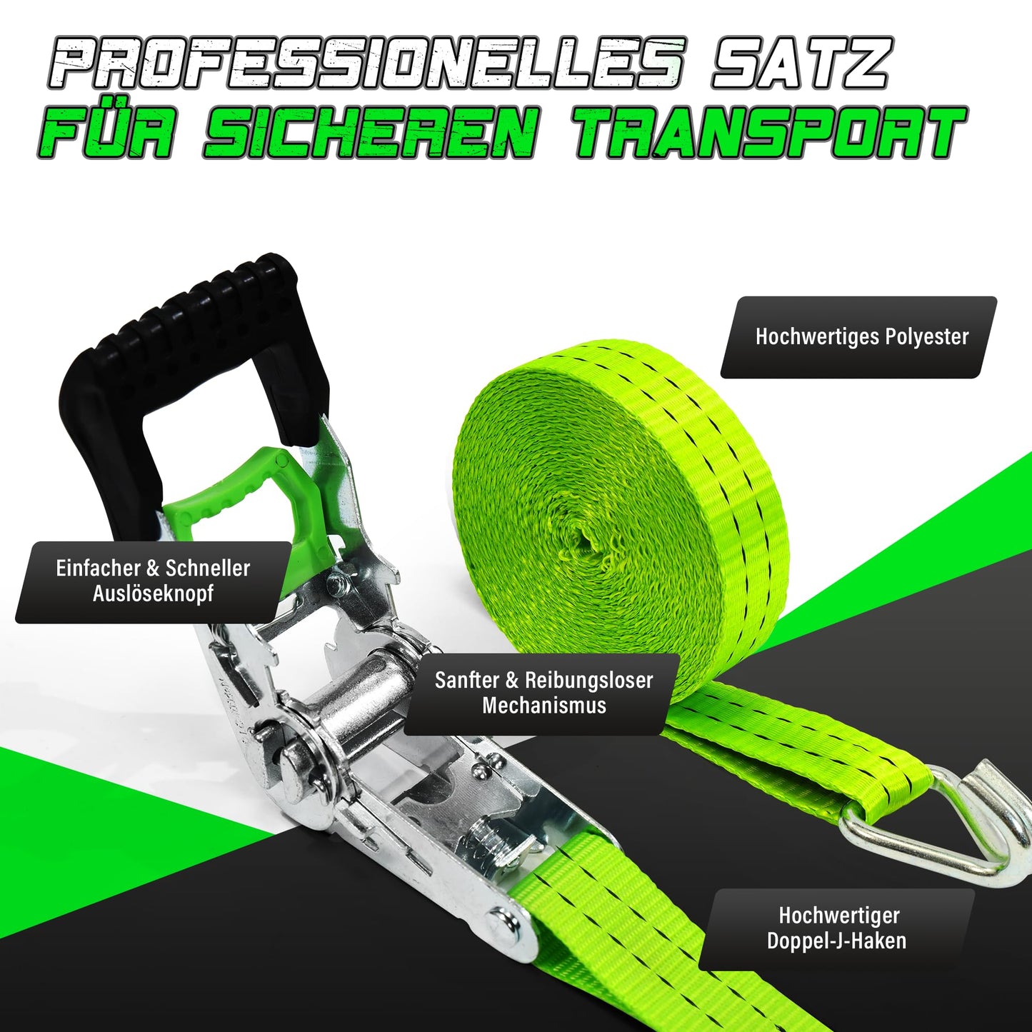 StarLeaparts 2-piece set ratchet tie-down straps, 6m x 35mm. Professional two-piece wheel straps, rated up to 2000kg. Ratcheting straps for car transport vehicle wheel security, Green.
