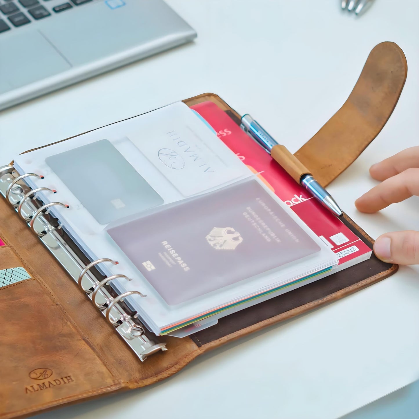 ALMADIH Leather A5 Planner with Ring Mechanism Calendar 2025 2026 Writing Pad Premium Cowhide Brown Deluxe Leather Folder Folder Writing Portfolio Organizer Appointment Calendar Folder Ring Binder (A5-Ter-BD)
