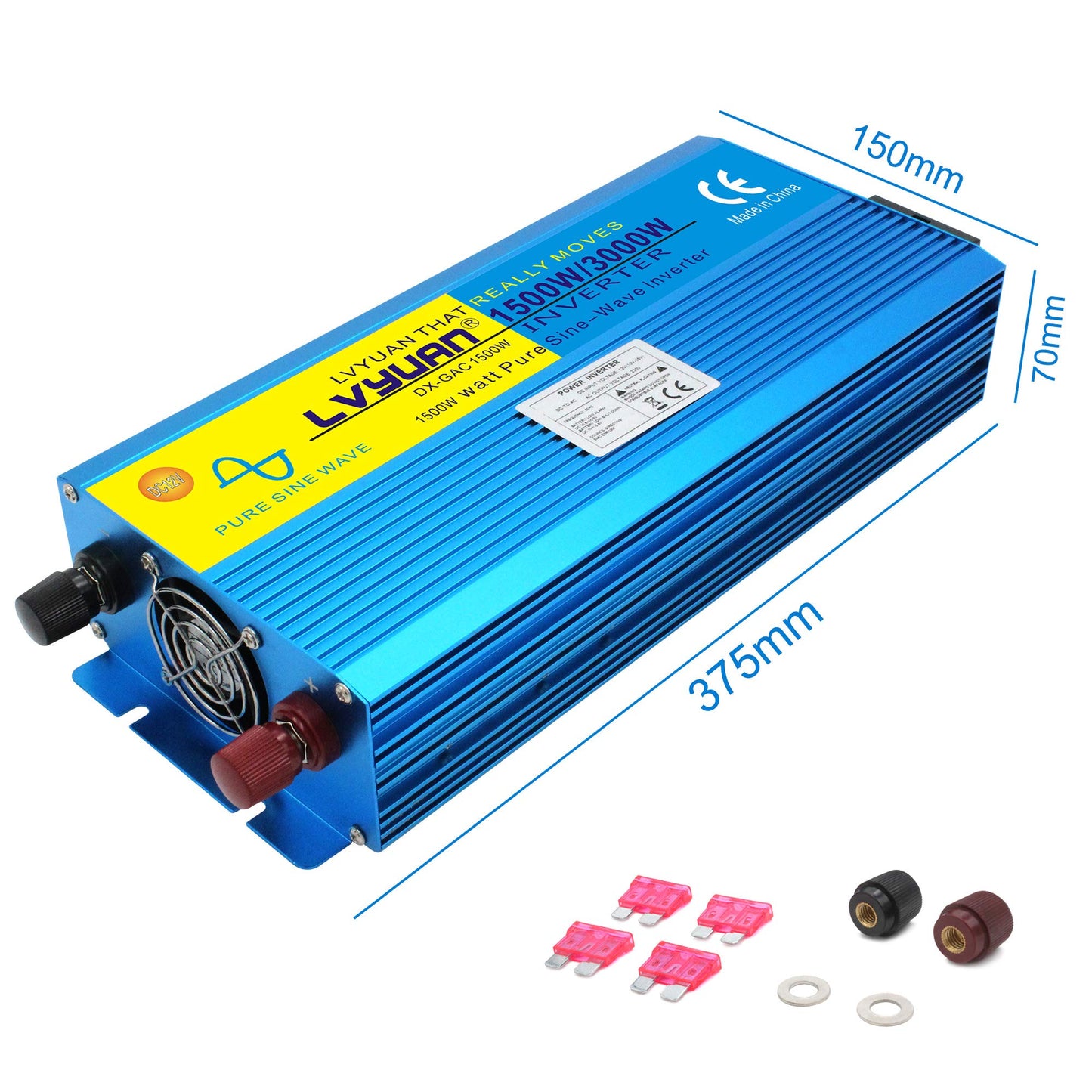 Cantonape 12V 230V inverter 1500W/3000W pure sine wave with remote control, EU socket, LED+LCD display, for car, caravan, boat, camping, travel.