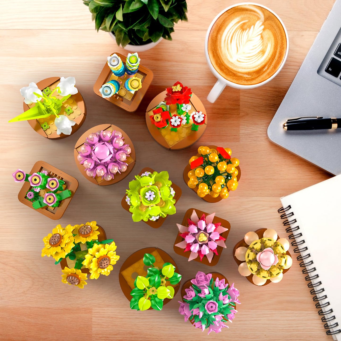 12 flower succulents 3.6MM mini kits - 1403 pieces Botanical set, office & home decor, flower plants, bonsai building toys, creative construction project for adults, gifts for women, children 10+