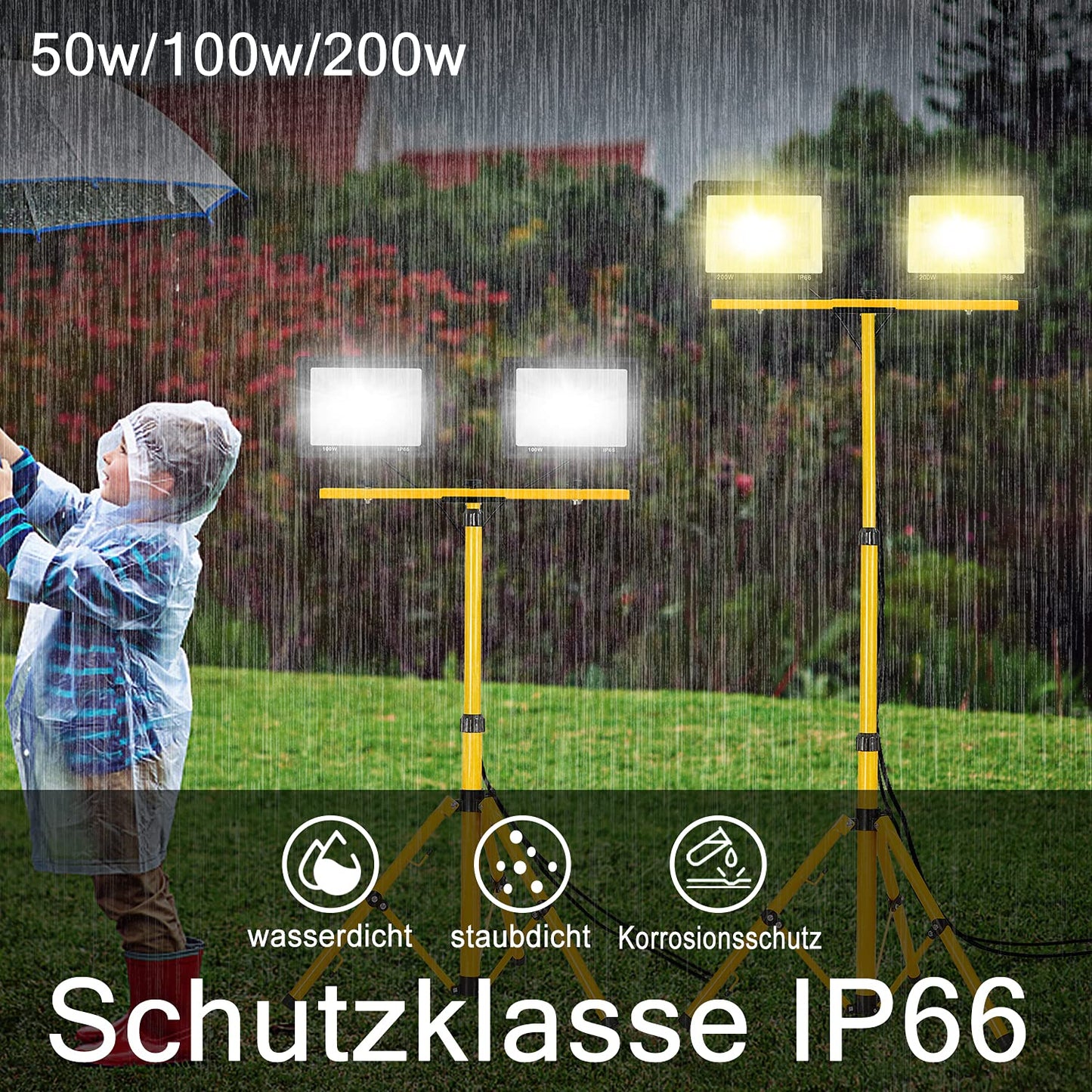 VA-Cerulean 2x 200W Warm White LED construction lights with tripod, floodlights for indoor and outdoor use with 3m power cable, IP66 waterproof work lights, yellow telescopic tripod, for construction sites, garage, garden.