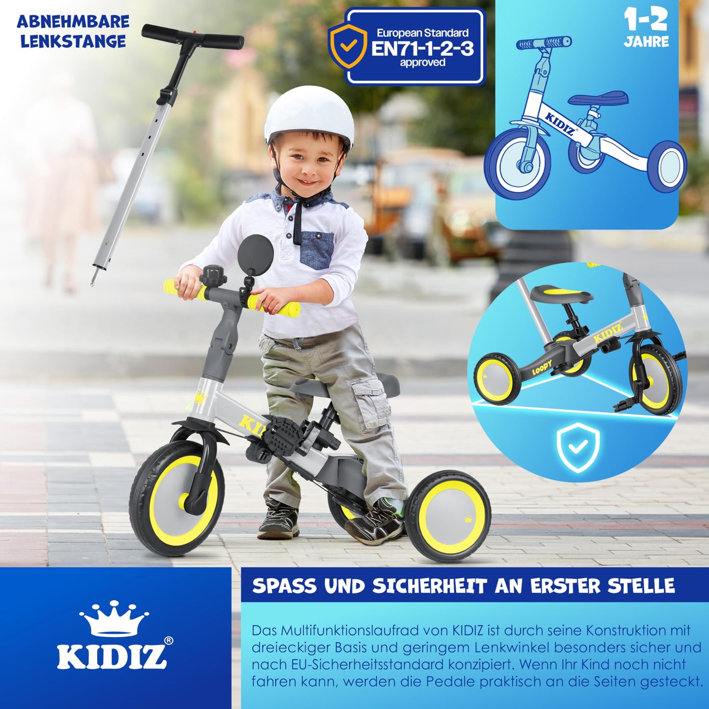 KIDIZ® 6in1 Balance Bike Tricycle | Suitable for children from 1 to 5 years | Supports up to 25kg | Includes handlebar, safety bar, seatbelt, bell, and mirror | Grey color