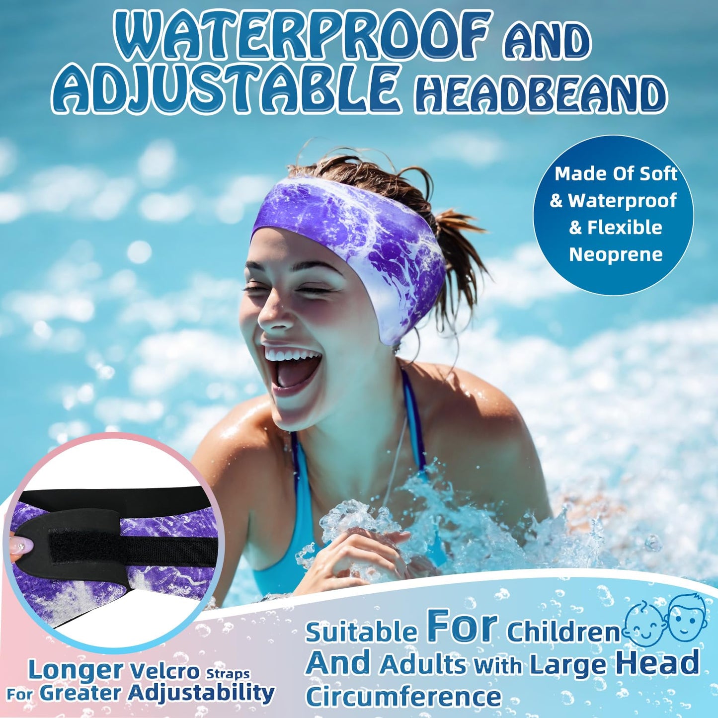 Swimming headband for adults - 2 pairs of swim earplugs & neoprene swim band, high elasticity & Velcro closure - waterproof headband hairband for diving, pool, showers, and water sports.