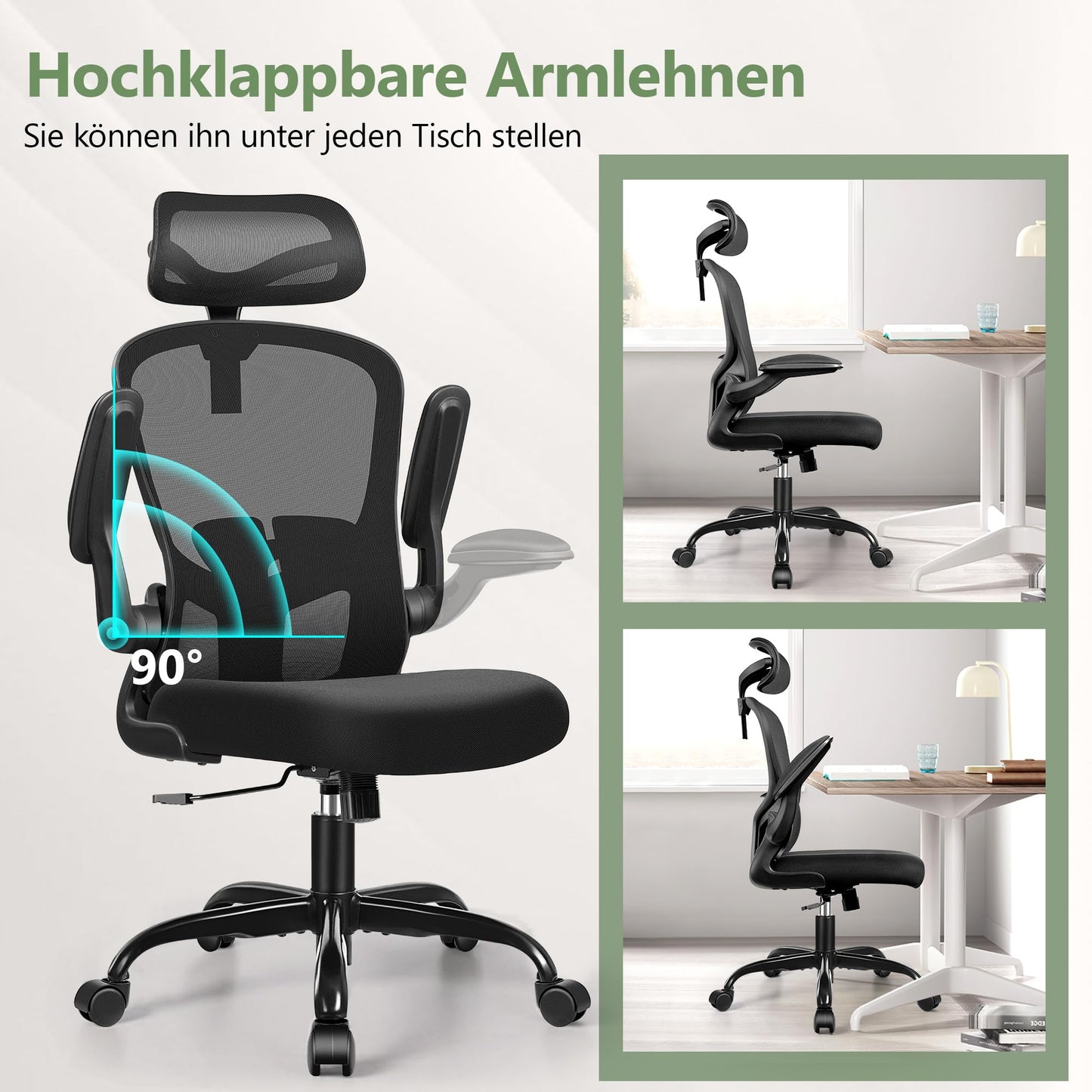 FelixKing Ergonomic Office Chair, Computer Chair, Adjustable Lumbar Support, 3D Headrest and Folding Armrests, Breathable Mesh Backrest, 300 lbs (Black)